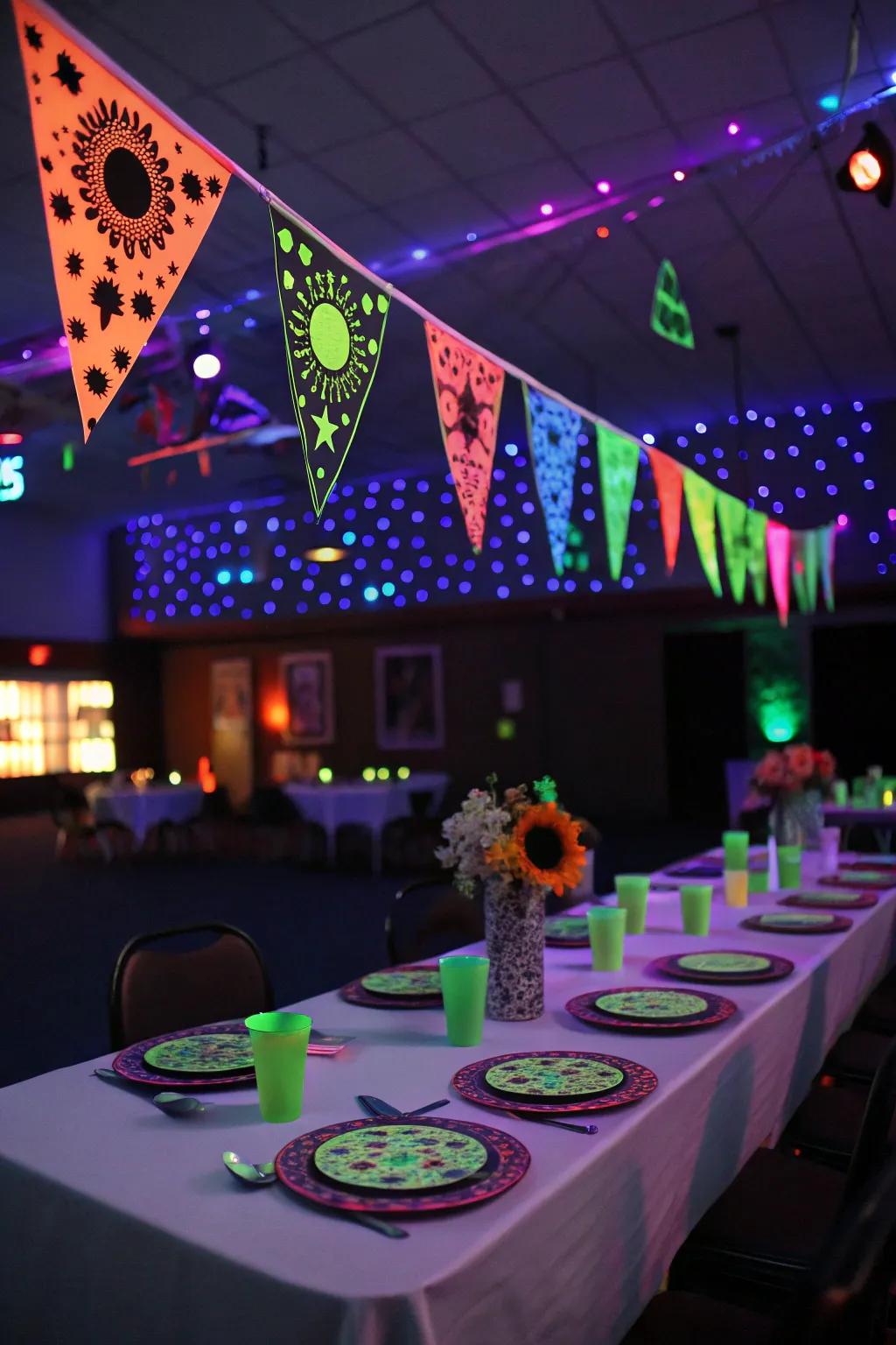 Homemade luminous banners and dining arrangements introduce a unique touch to a neon-centered celebration.
