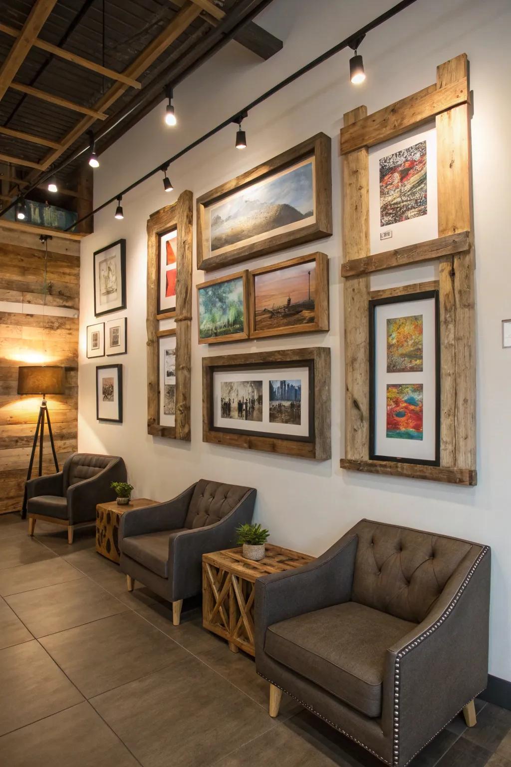 Harmonizing modern art with rustic wood creates balance.