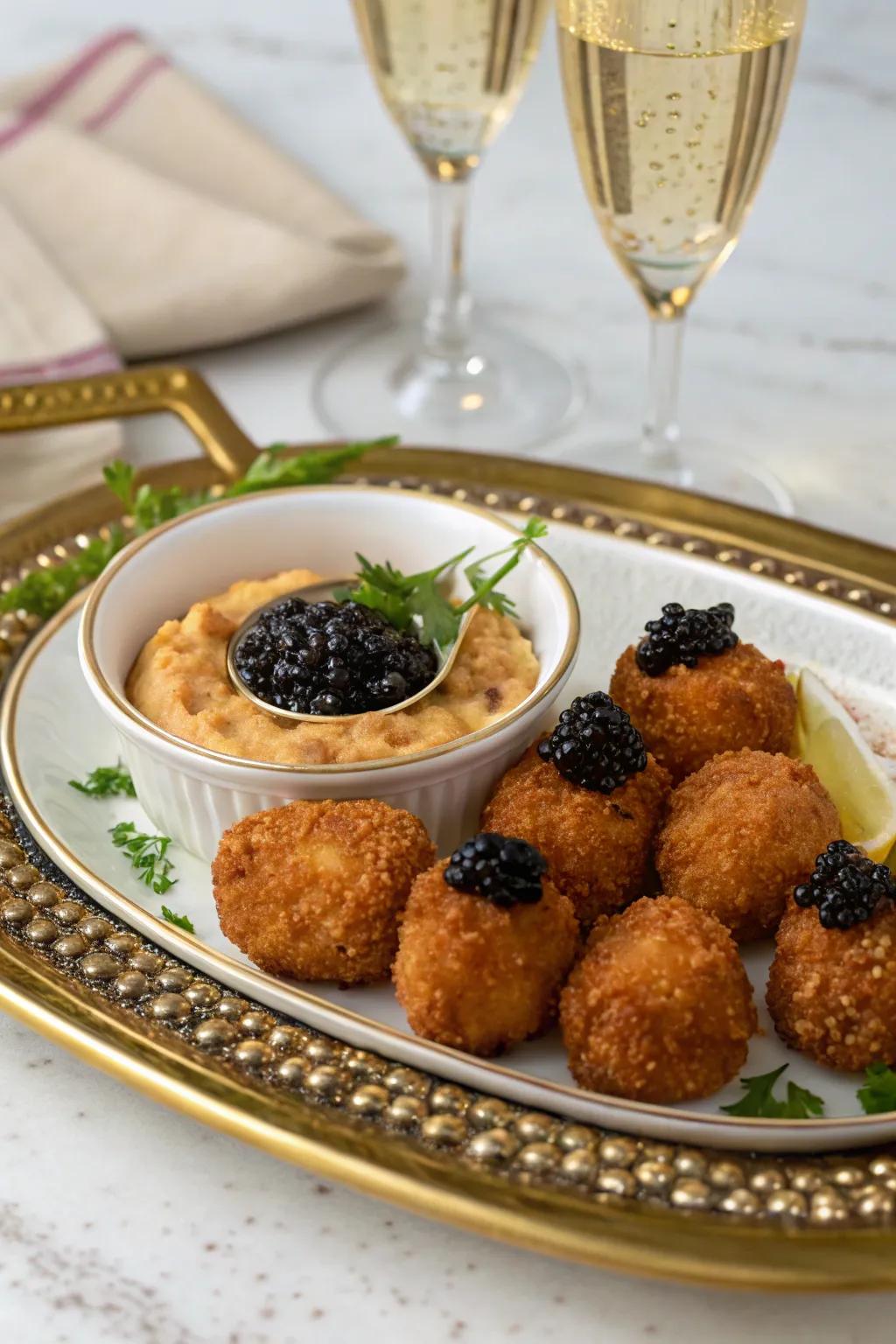 Crunchy, sparkling wine-infused fritters add a delightful and festive vibe.