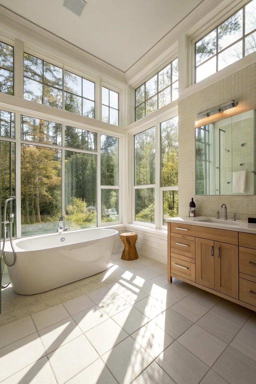 A radiant bathroom illuminated by natural light through sizable windows.