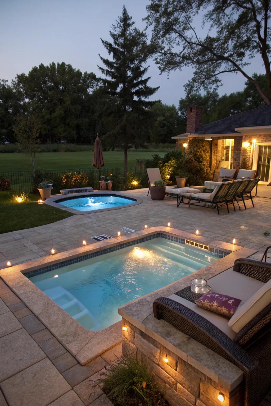 A hot tub incorporated into the pool area, presenting a snug destination for unwinding.