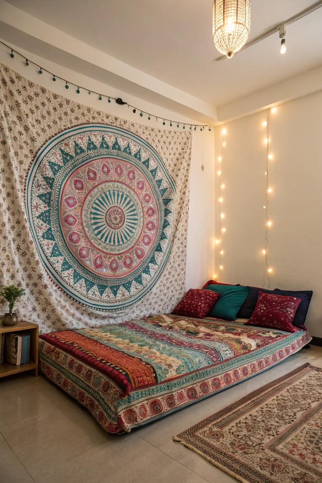 A tapestry doubles as a creative headboard alternative.
