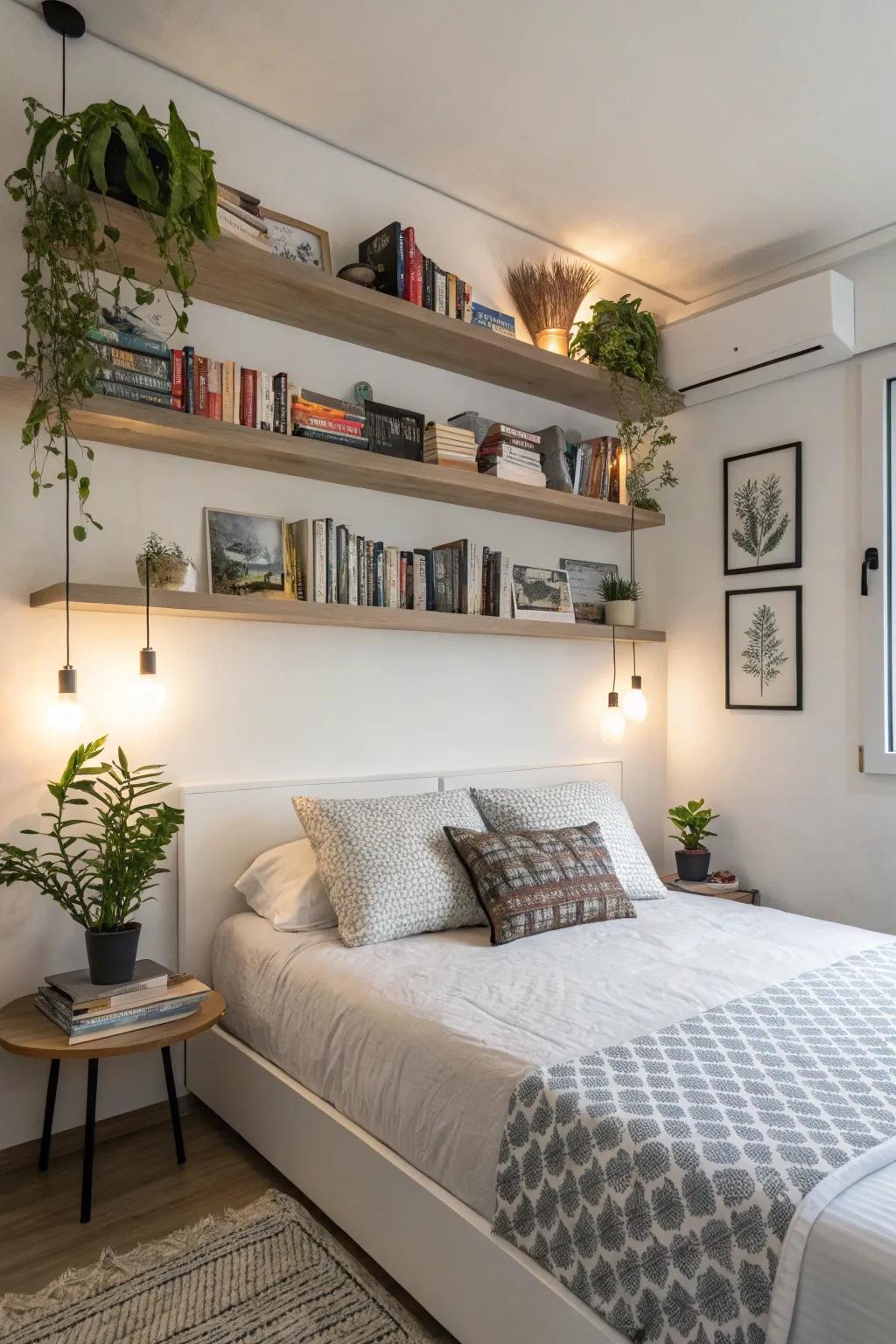 Floating shelves enhance both the practicality and allure of the area above the bed.