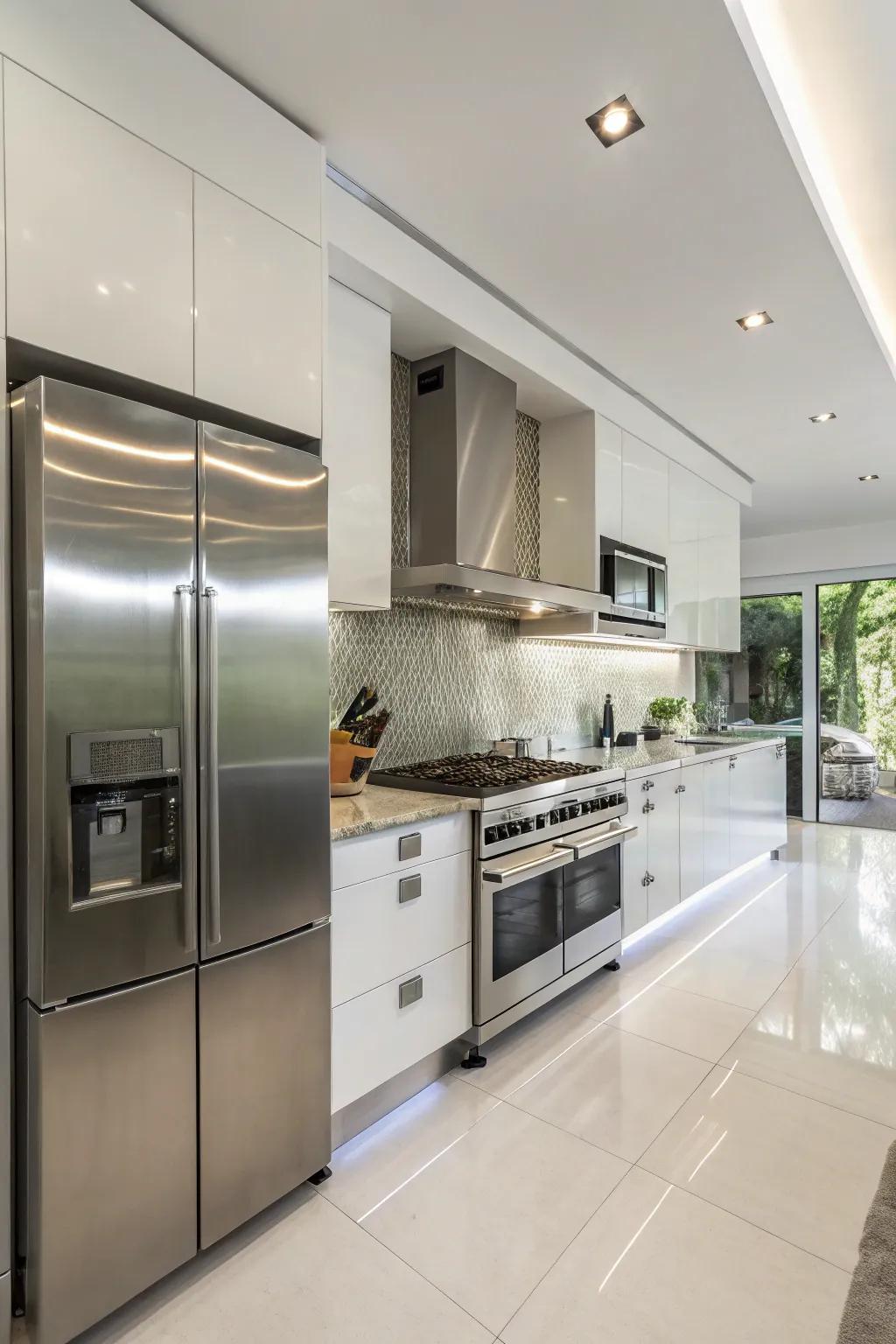 Steel backsplashes introduce a chic, contemporary flair to any kitchen.