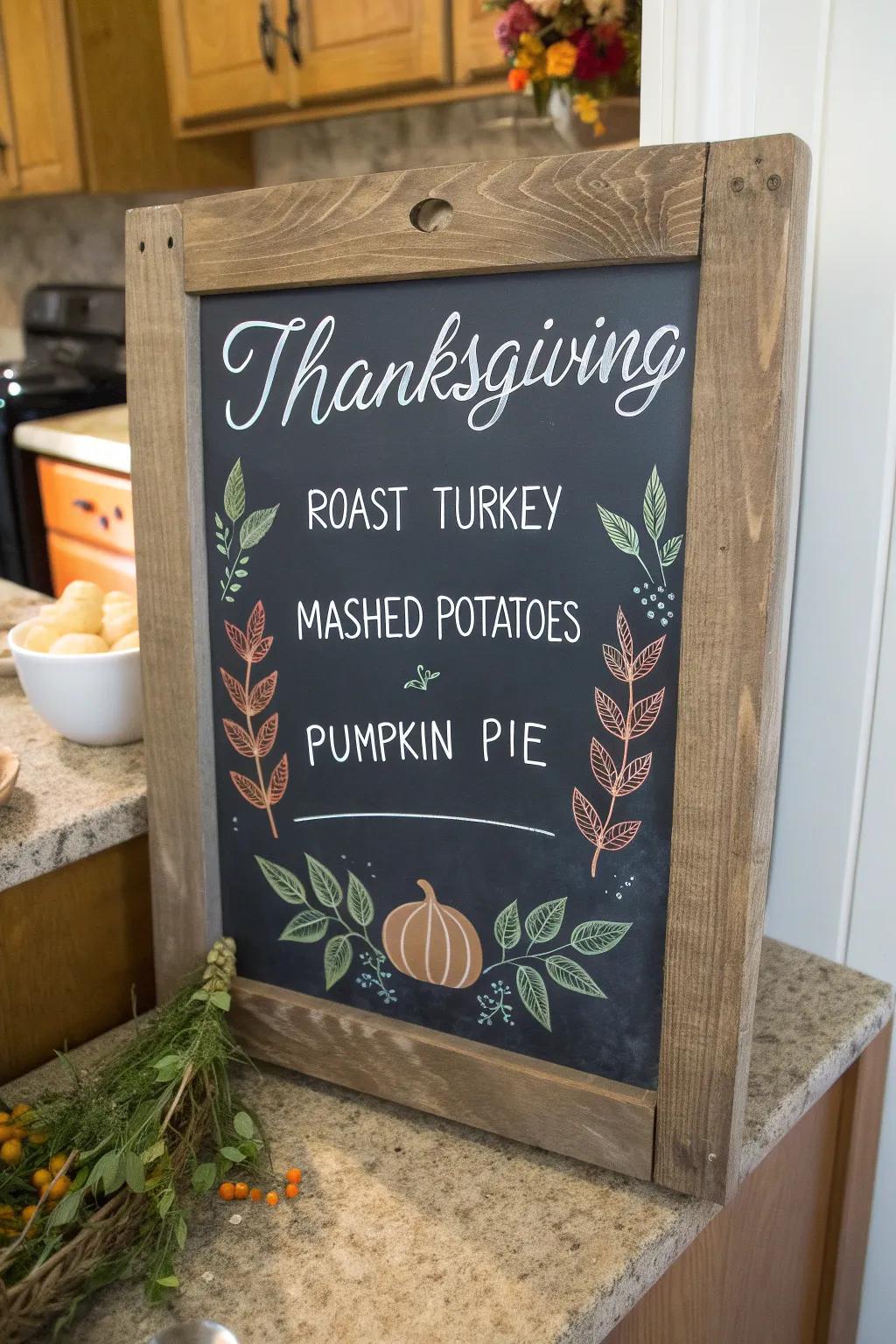 An elegant Thanksgiving menu on a chalkboard, setting the scene for a joyous feast.