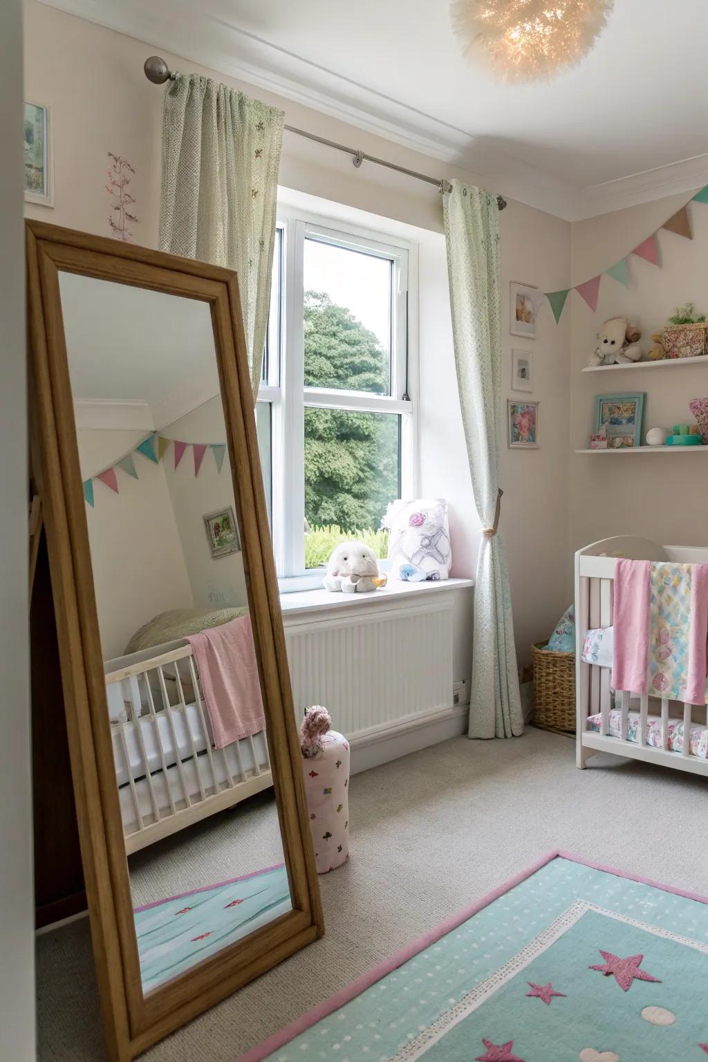 Mirrors carefully placed to reflect sunlight from windows in a nursery.