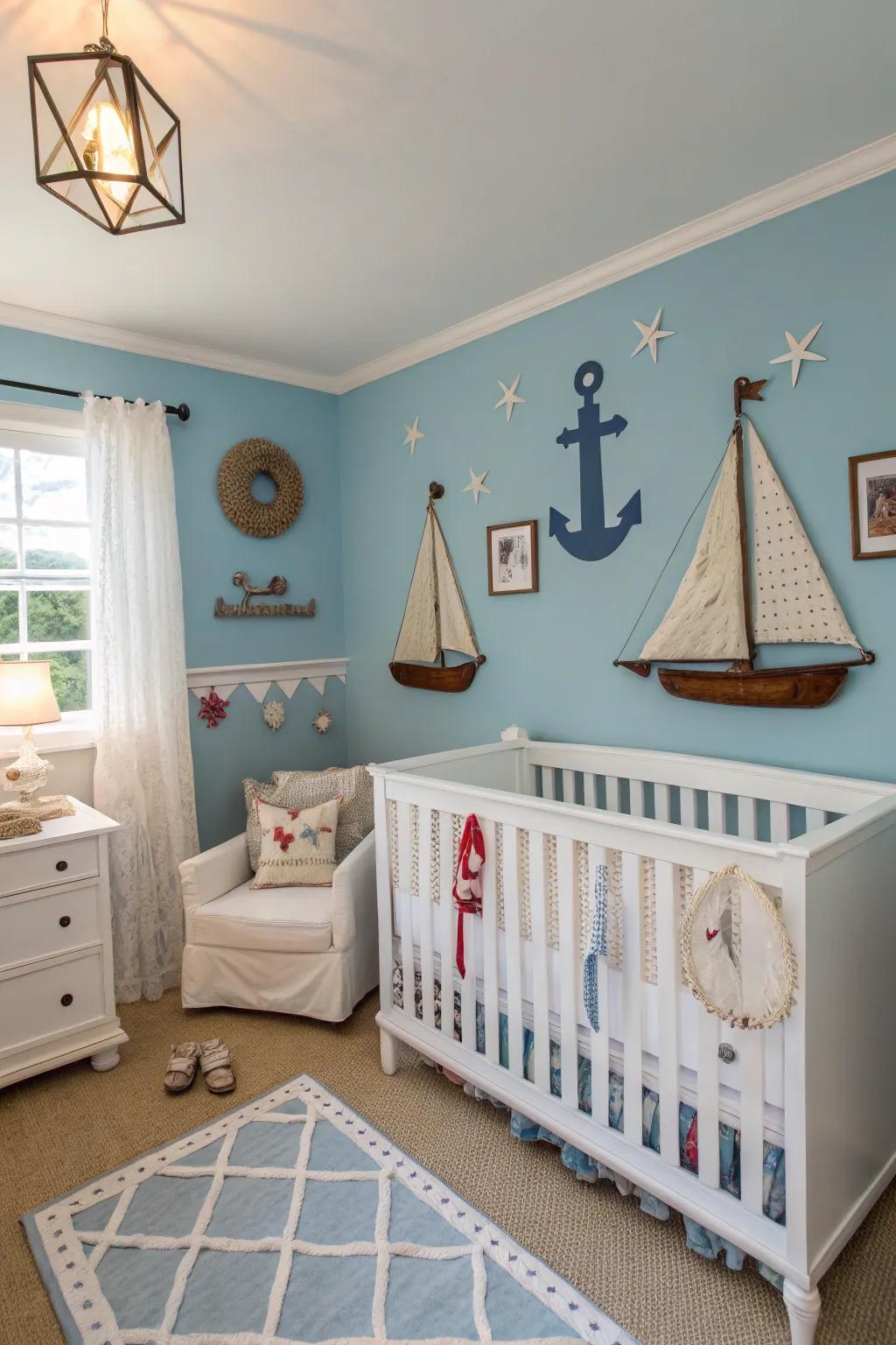 A coastal-themed nursery showcasing oceanic serenity blue shades.