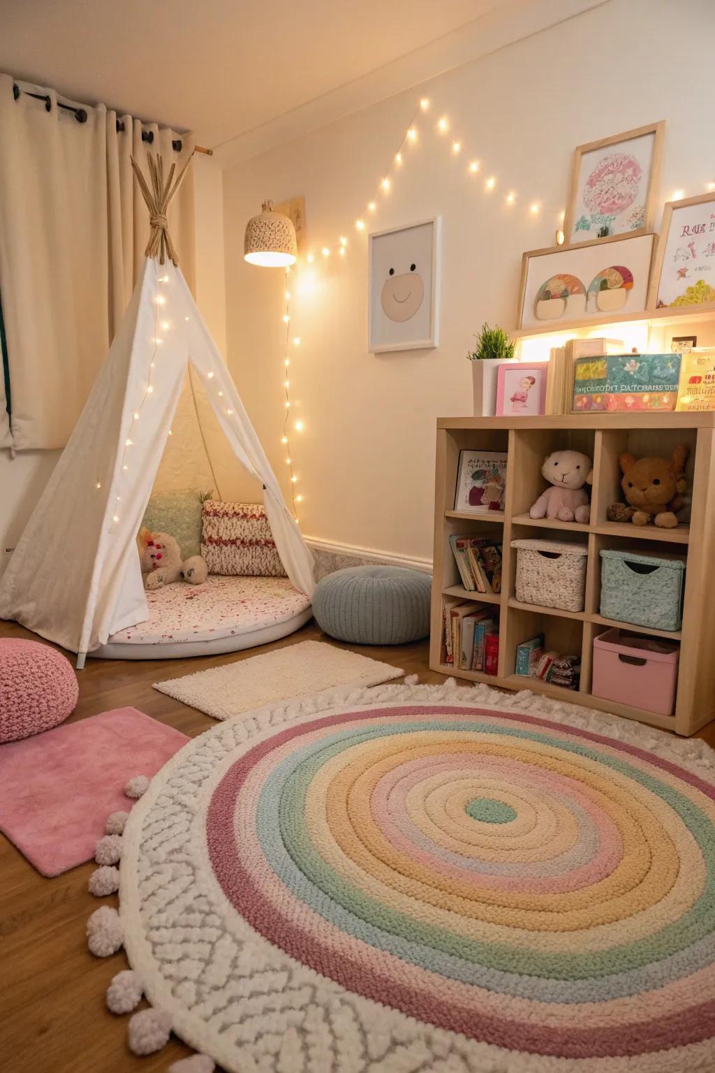 Layered rugs impart dimension and comfort to the nursery.
