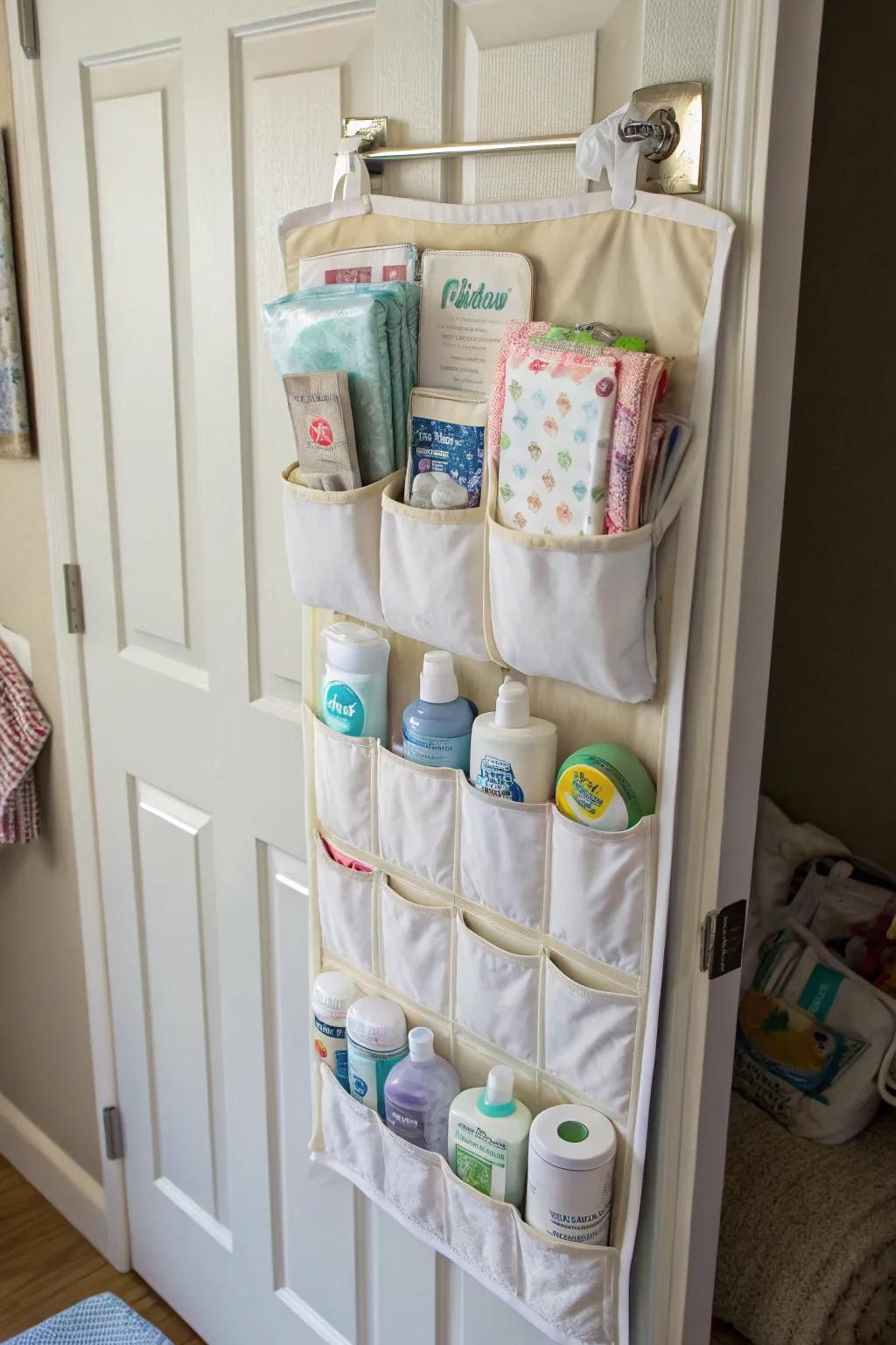 A handy door hanger for vital baby items.