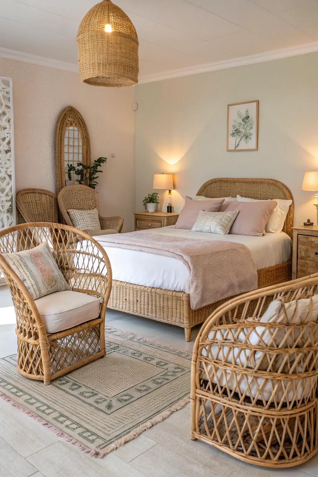 Rattan and wicker pieces add a natural touch to your ocean-inspired space.