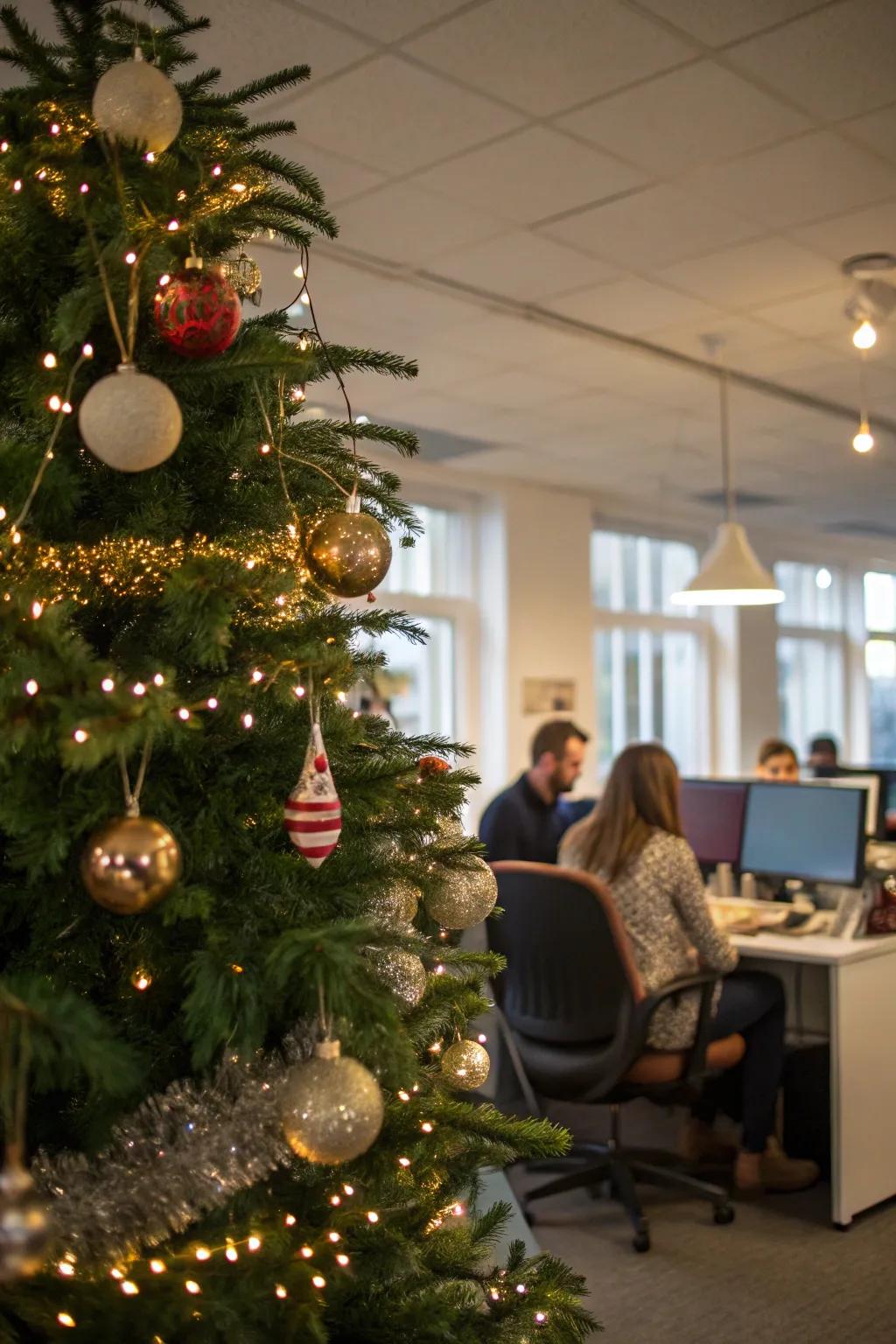 A holiday tree showcasing handcrafted ornaments introduces a personal nuance.