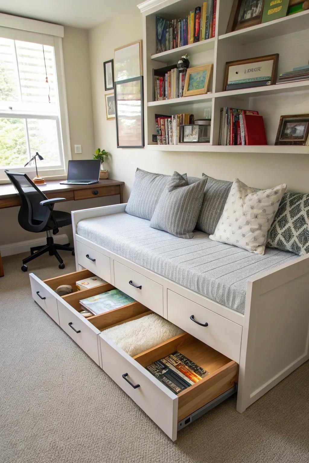 A daybed with concealed storage keeps your office immaculate.