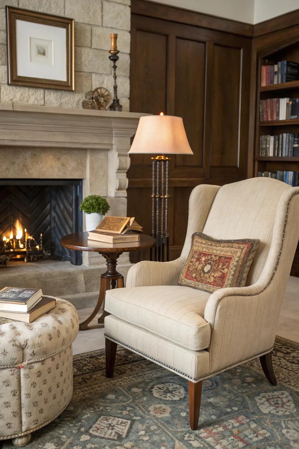 A comfort zone for reading beside the fireplace.