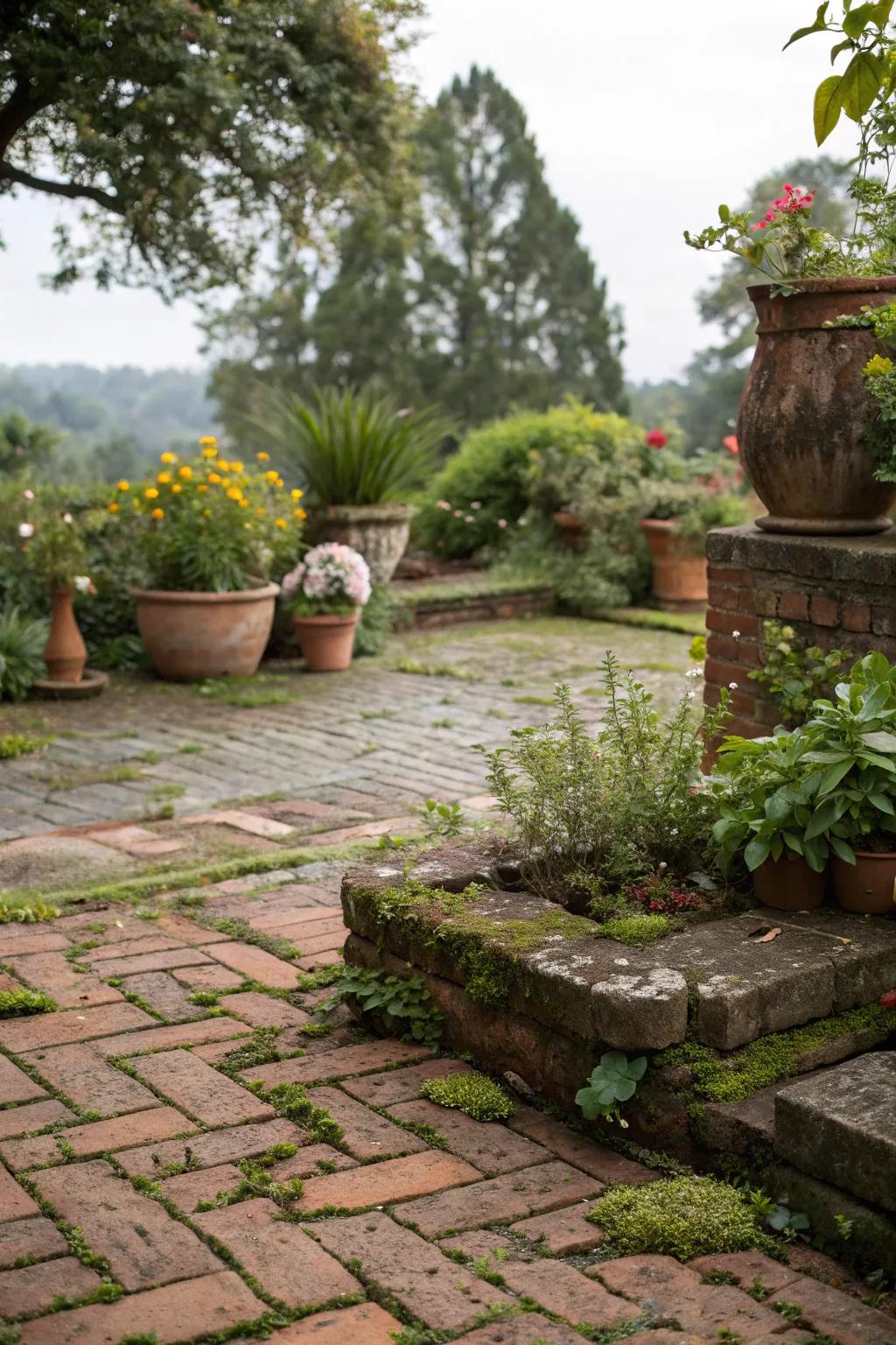 Encased flora enriches the rustic charm of this brick patio