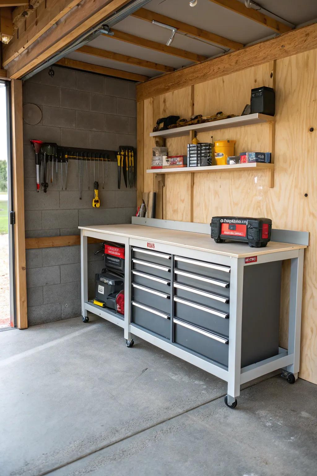 A fold-away workbench offers function without using up too much space.