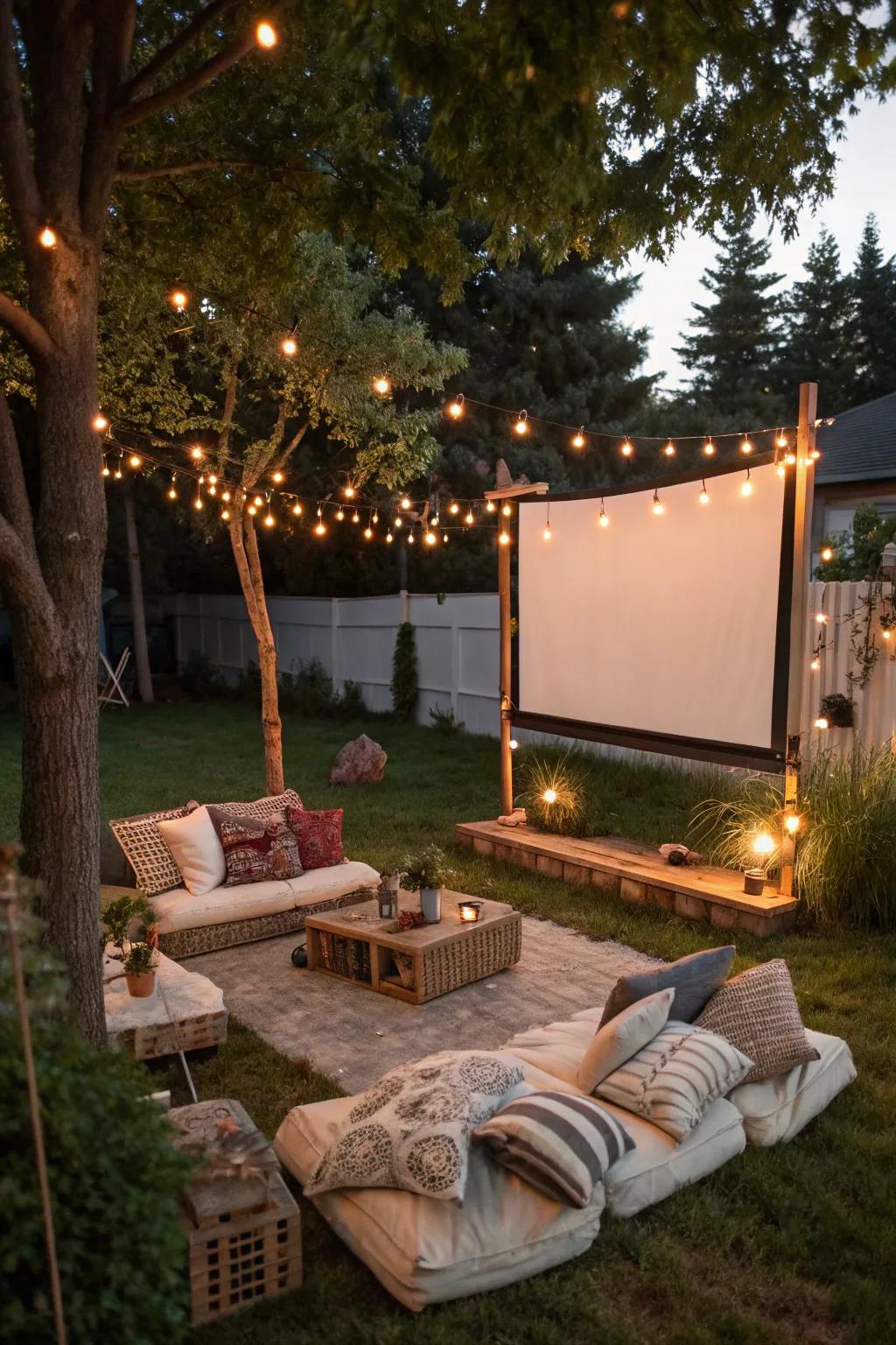 An enchanting backyard repurposed for a movie night under the stars.