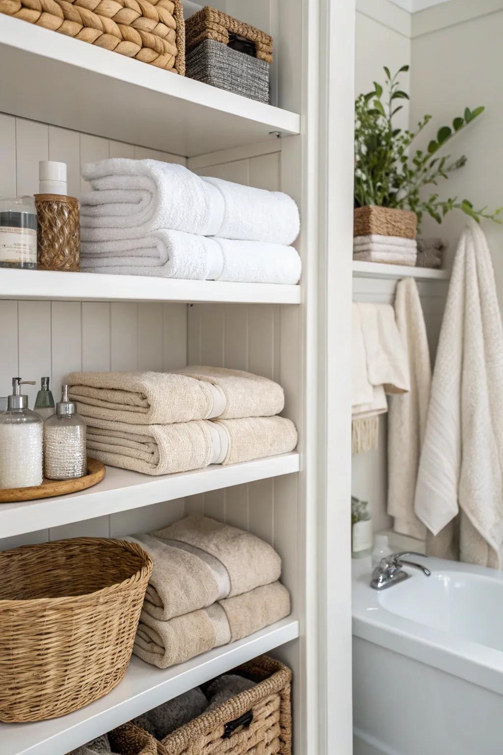 Carefully arrayed towels cultivate a spa-like ambiance across open linen displays.
