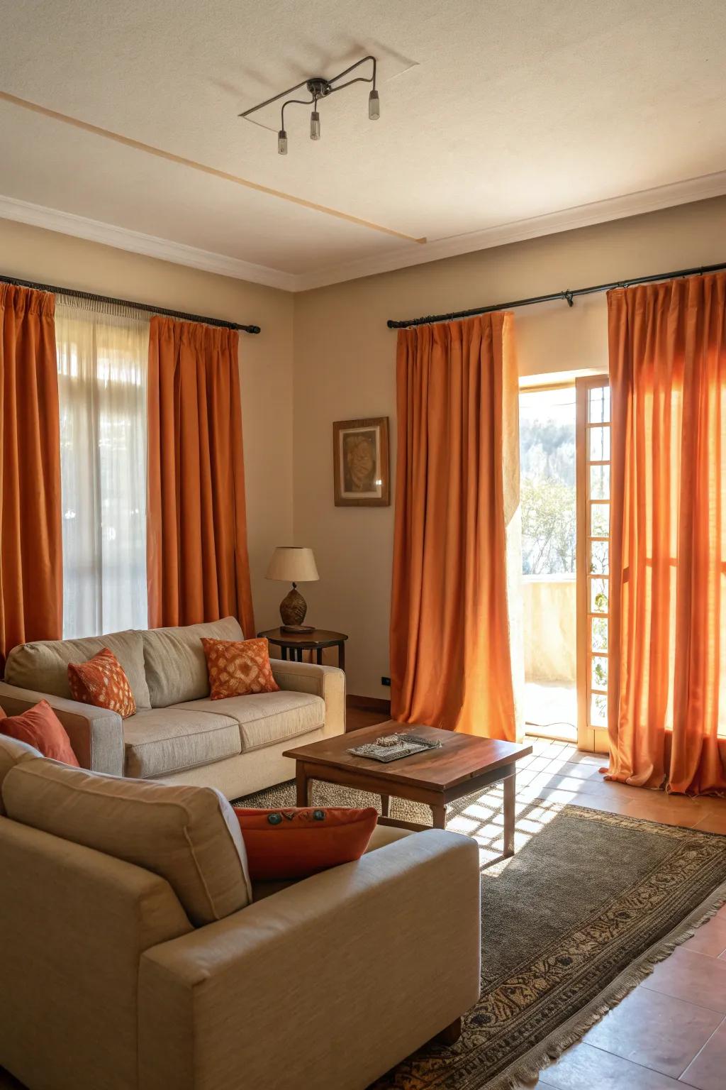 Orange window coverings beautifully balanced with neutral decor.