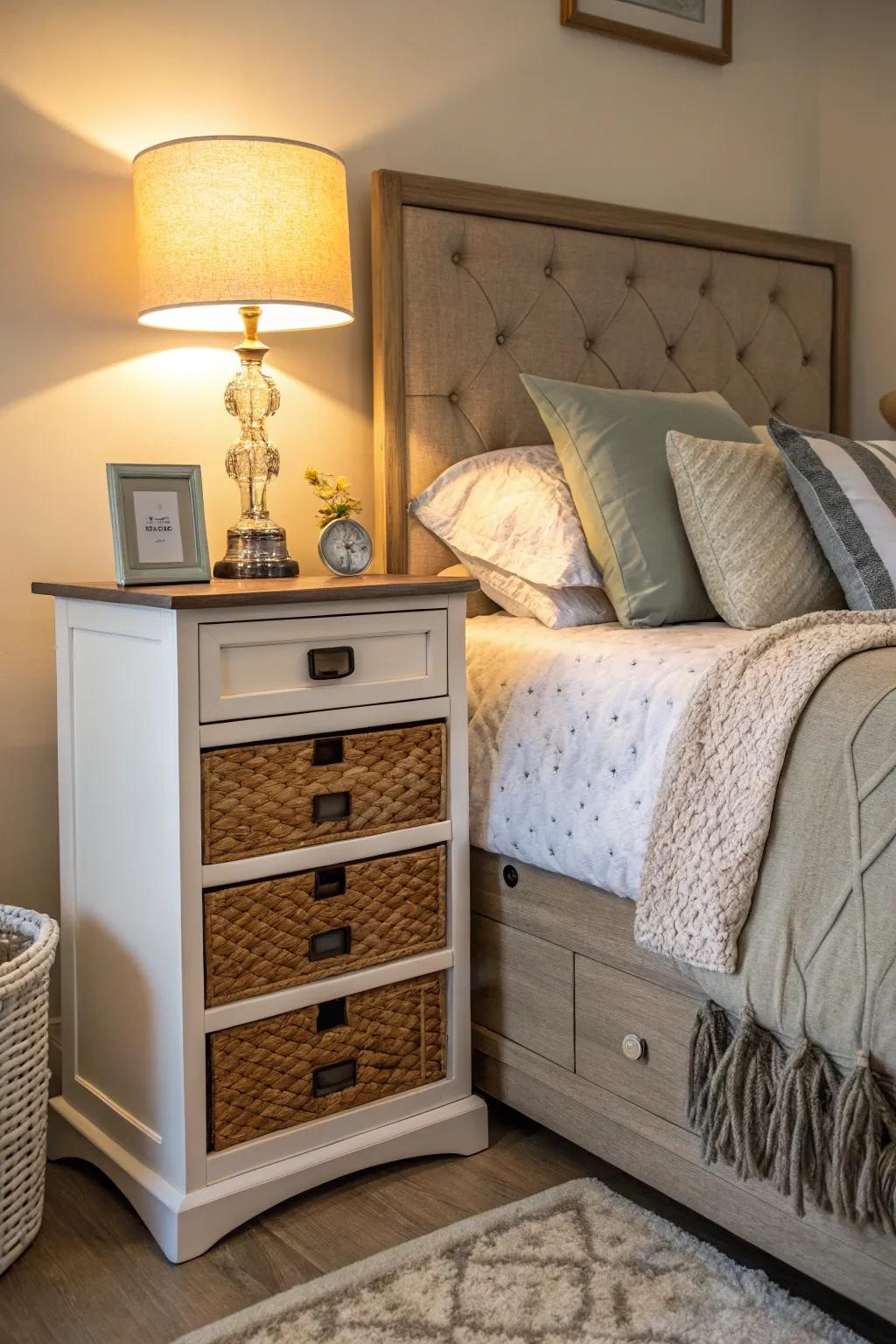 Maintain organized essentials using a roomy bedside stand.