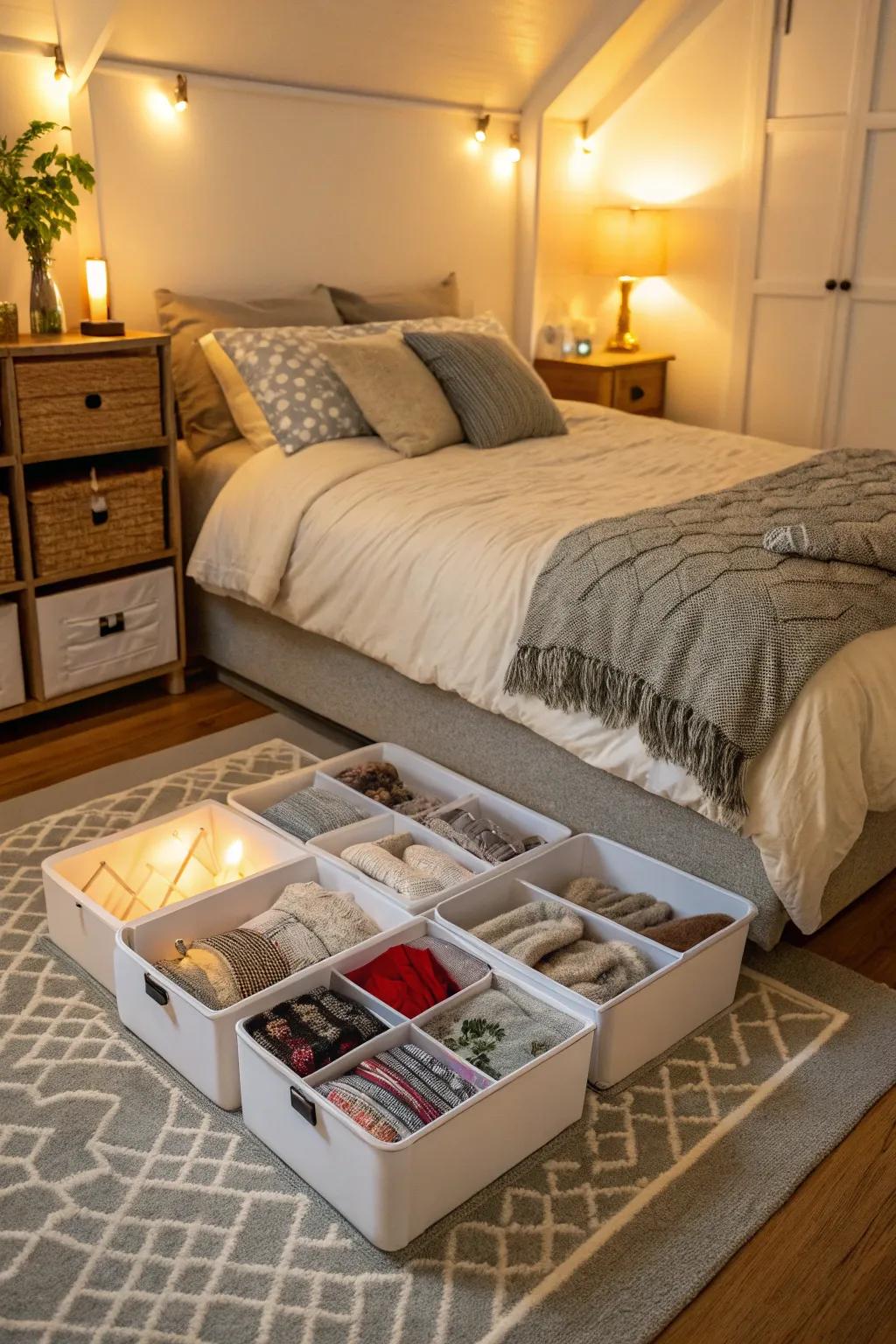 Make use of the space beneath your sleeping platform for discreet storage.