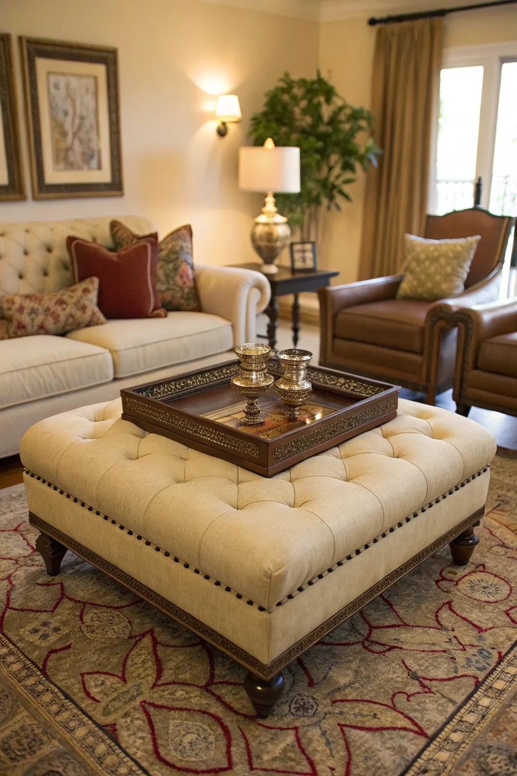 A versatile ottoman works as a coffee table with an ornamental tray.