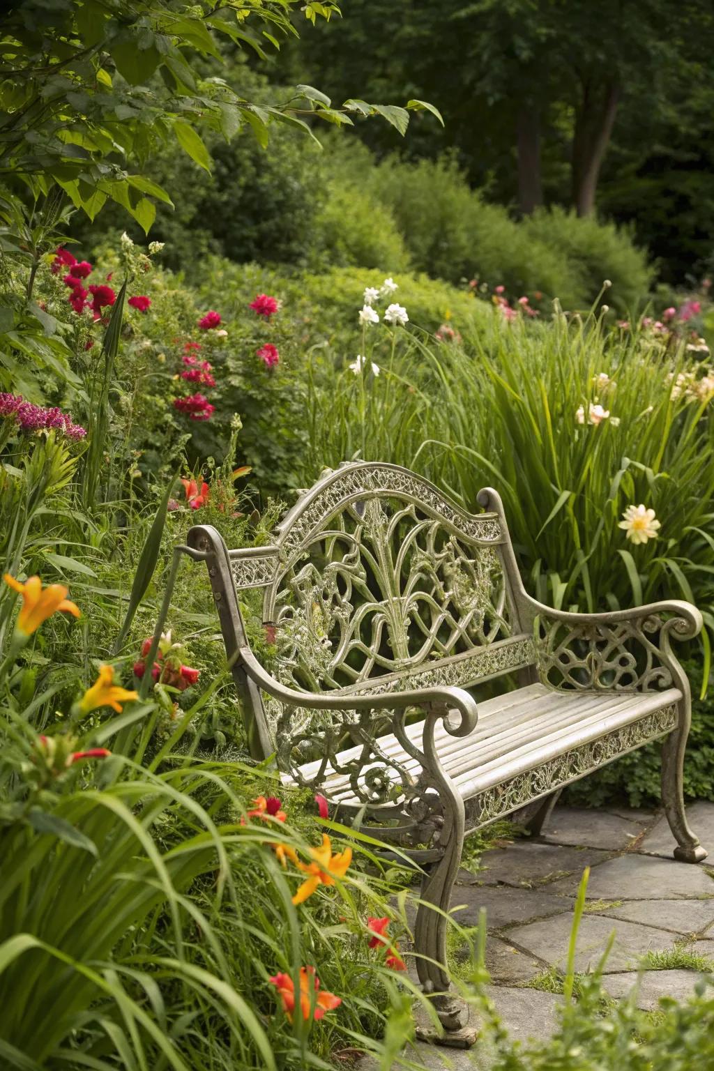 Ornate metal bench, a focal point in a lush garden.