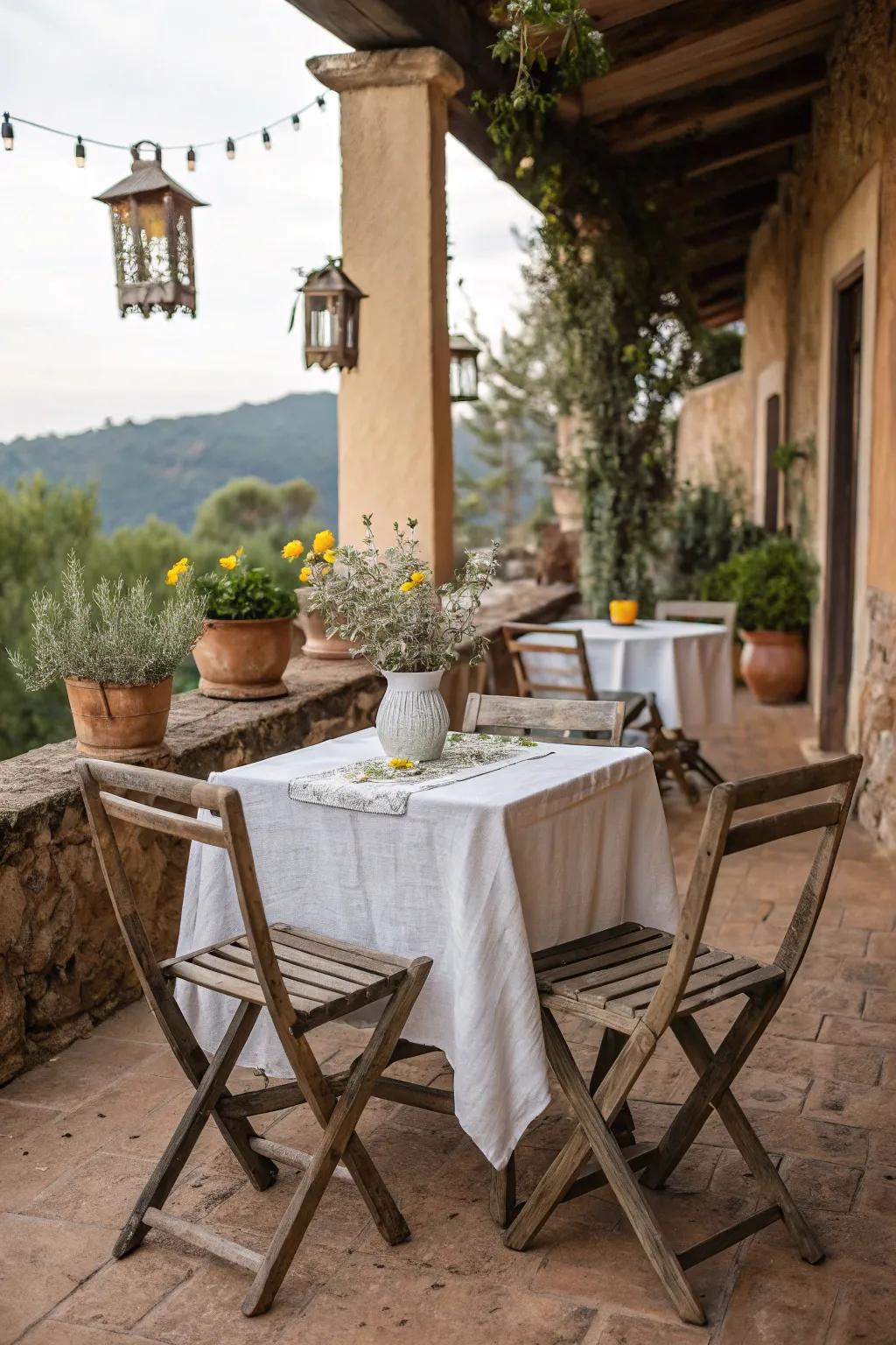 Welcome down-to-earth allure with a wood-look small outdoor dining set and organic features.