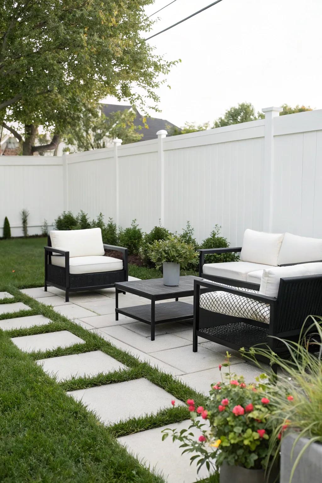 A minimalist patio featuring streamlined black and white furniture for a clean look.