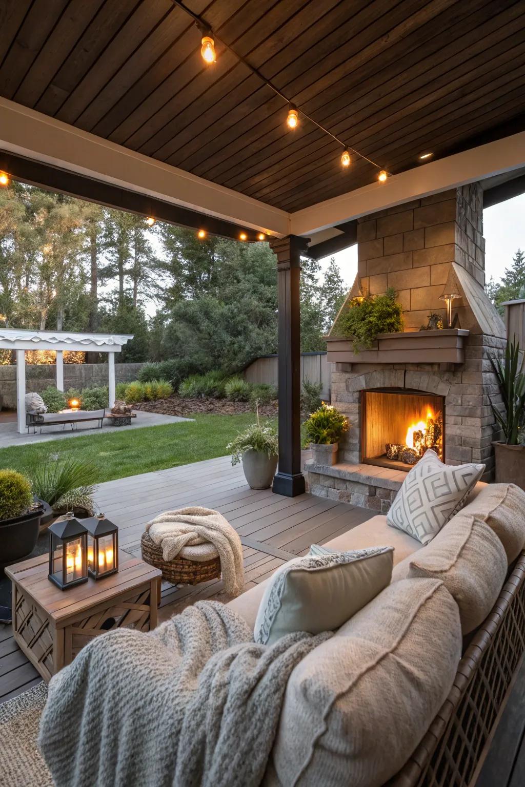 Retain warmth and dryness with a hearth positioned beneath a sheltered patio.