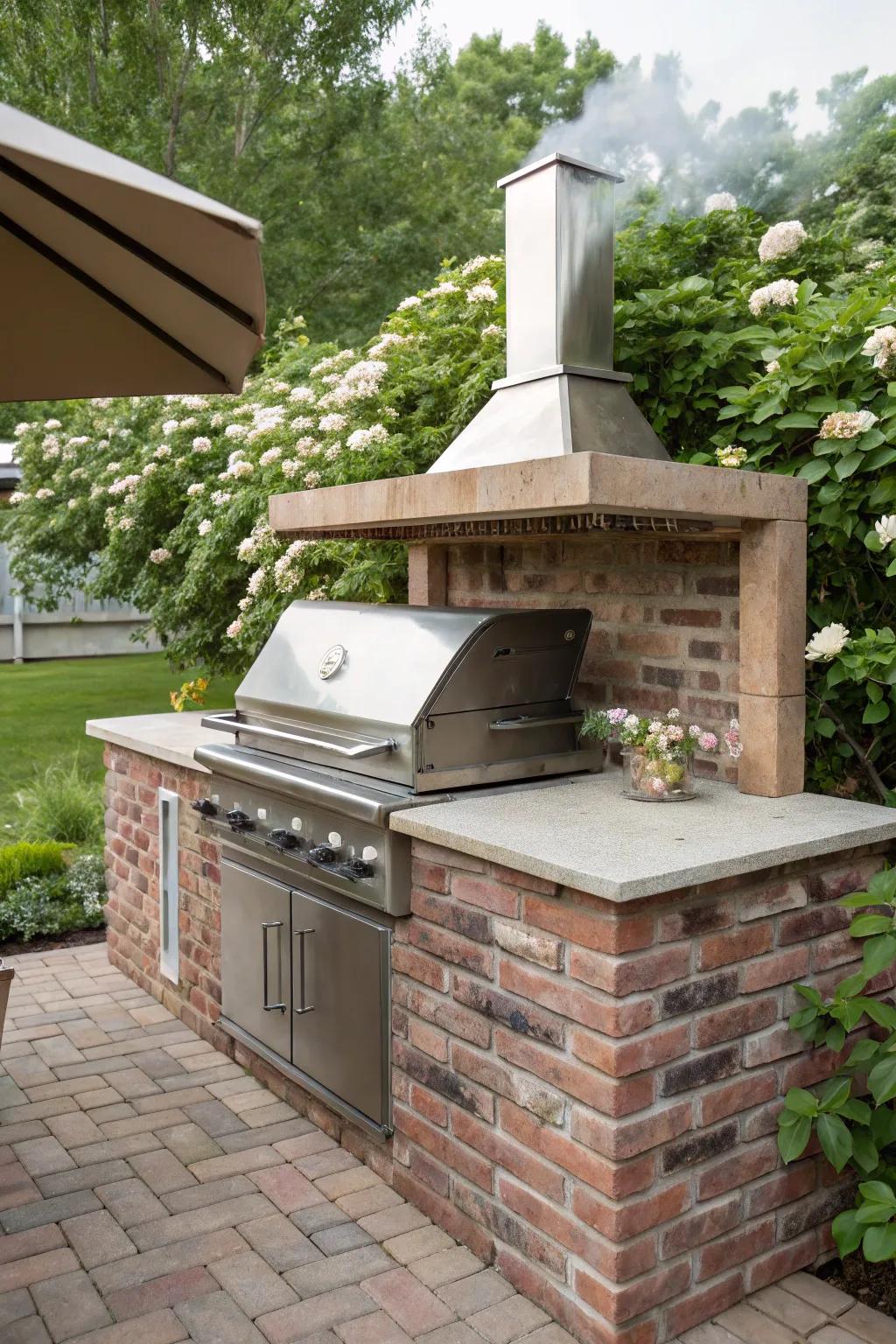 Brick structures add rustic charm to outdoor kitchens.