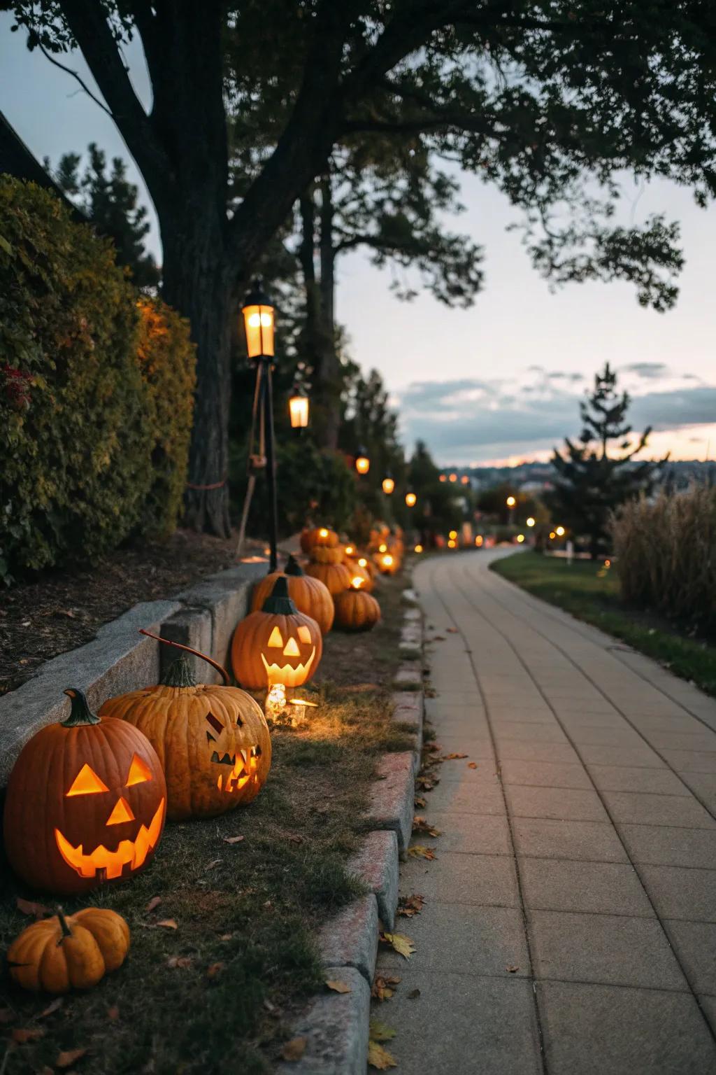 An enchanted trail illuminated by a procession of beaming, carved gourds.