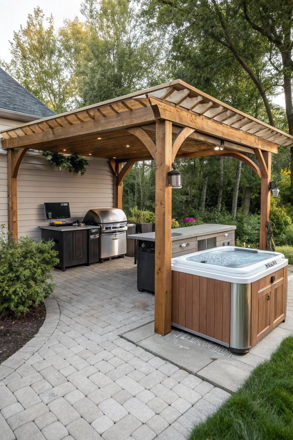 A pergola provides shade and shelter, enhancing both comfort and usability.