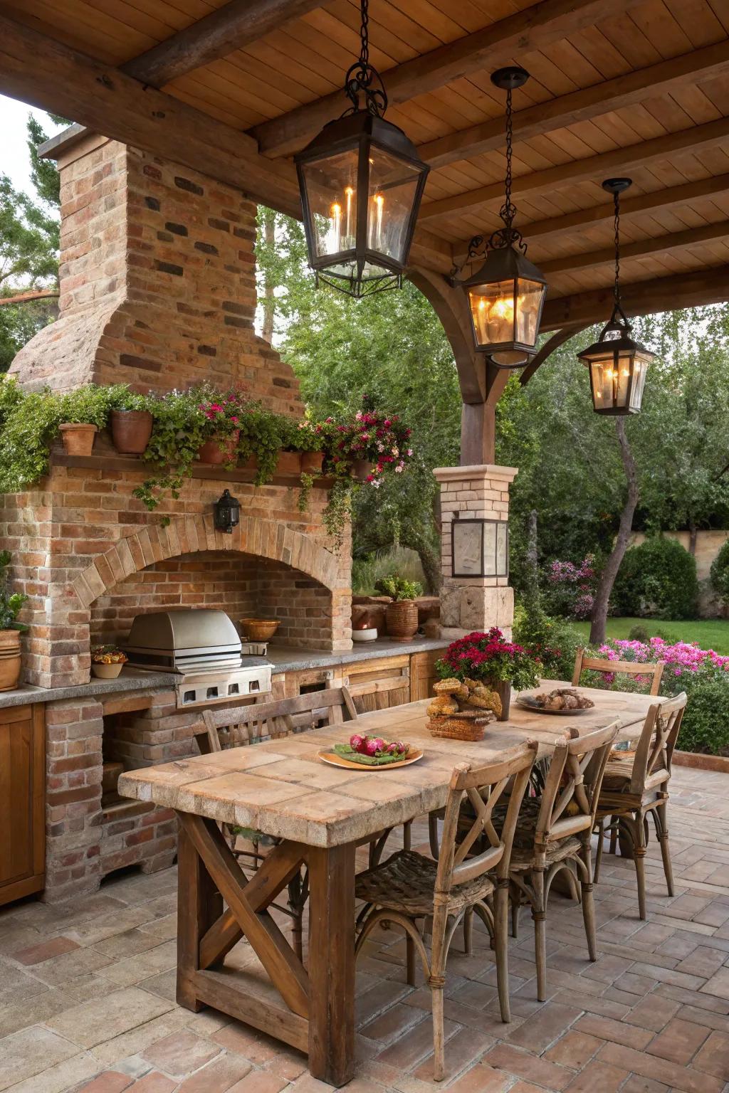 Brick backsplashes add a touch of rustic charm and warmth to outdoor kitchens.
