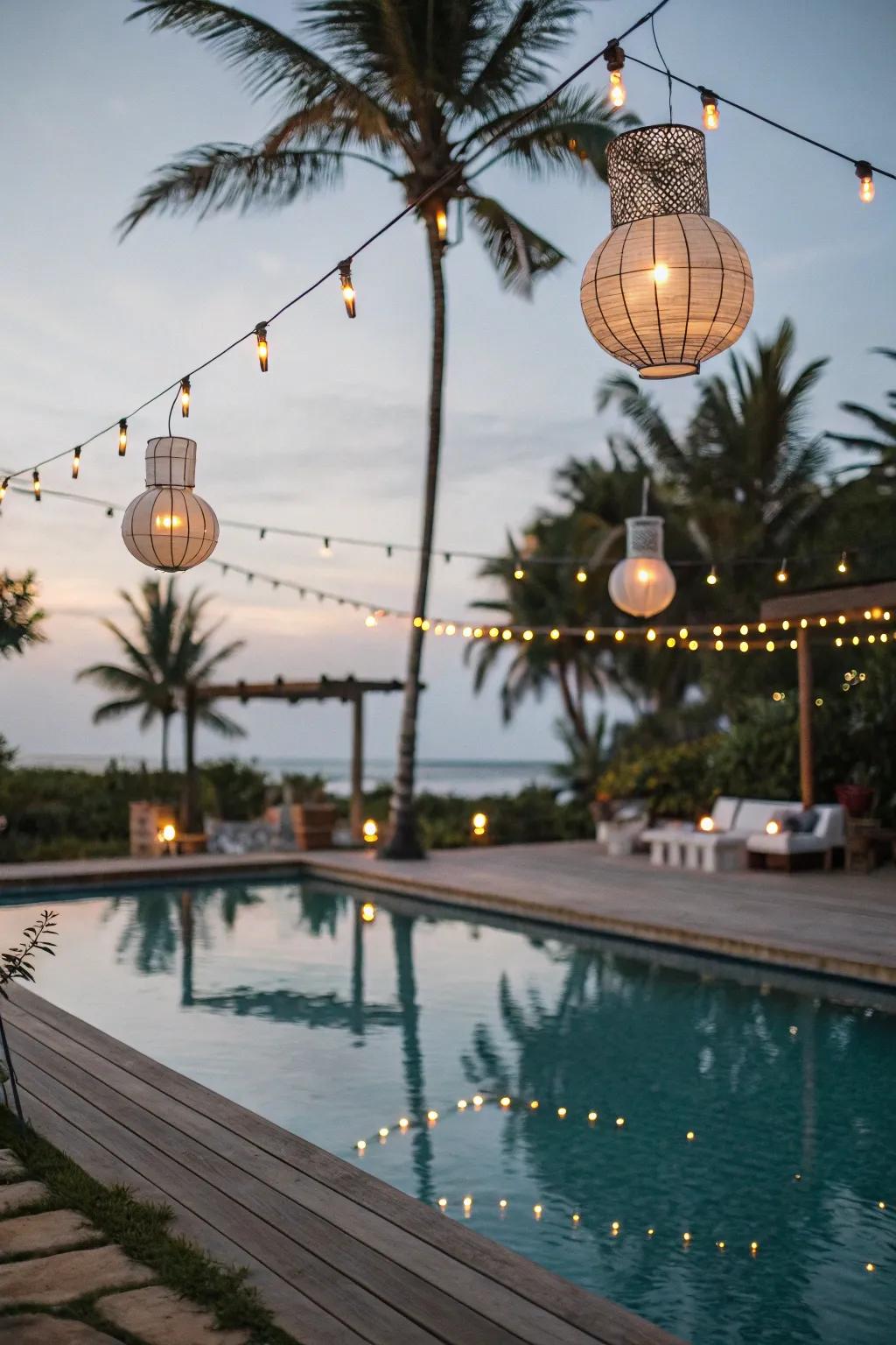 Lanterns and string lights add charm and festivity to any poolside gathering.