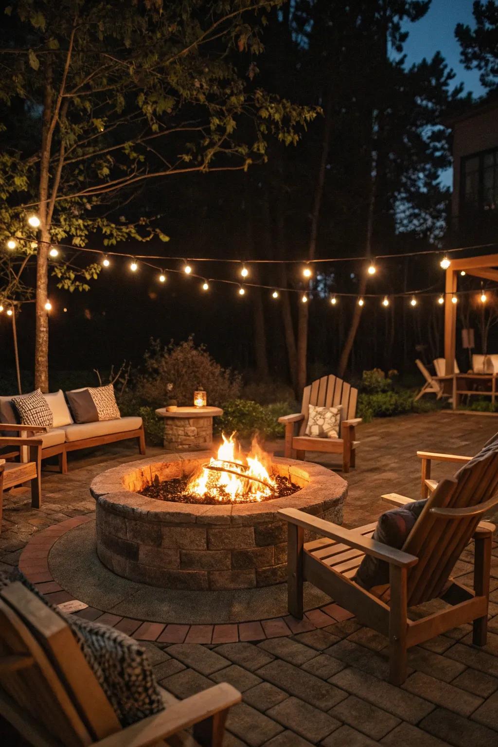 Form a cozy gathering spot with a brightly lit fire pit.