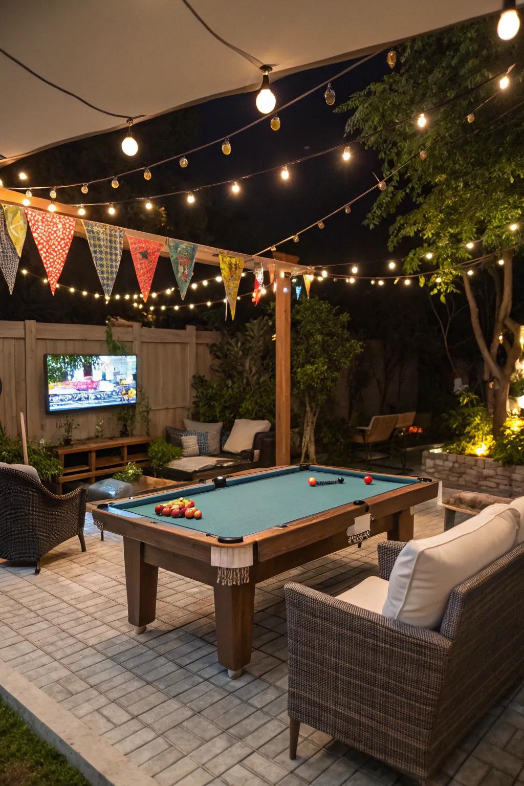 A pool table with adjacent entertainment such as a TV and seating area.