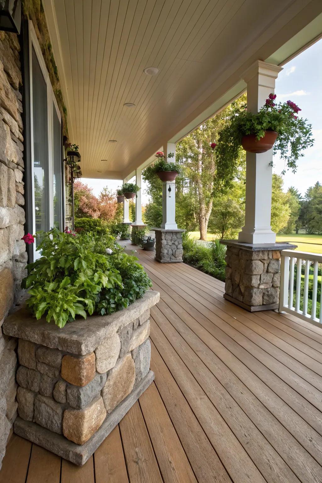 Wood and stone elements create a harmonious connection with nature on this porch.