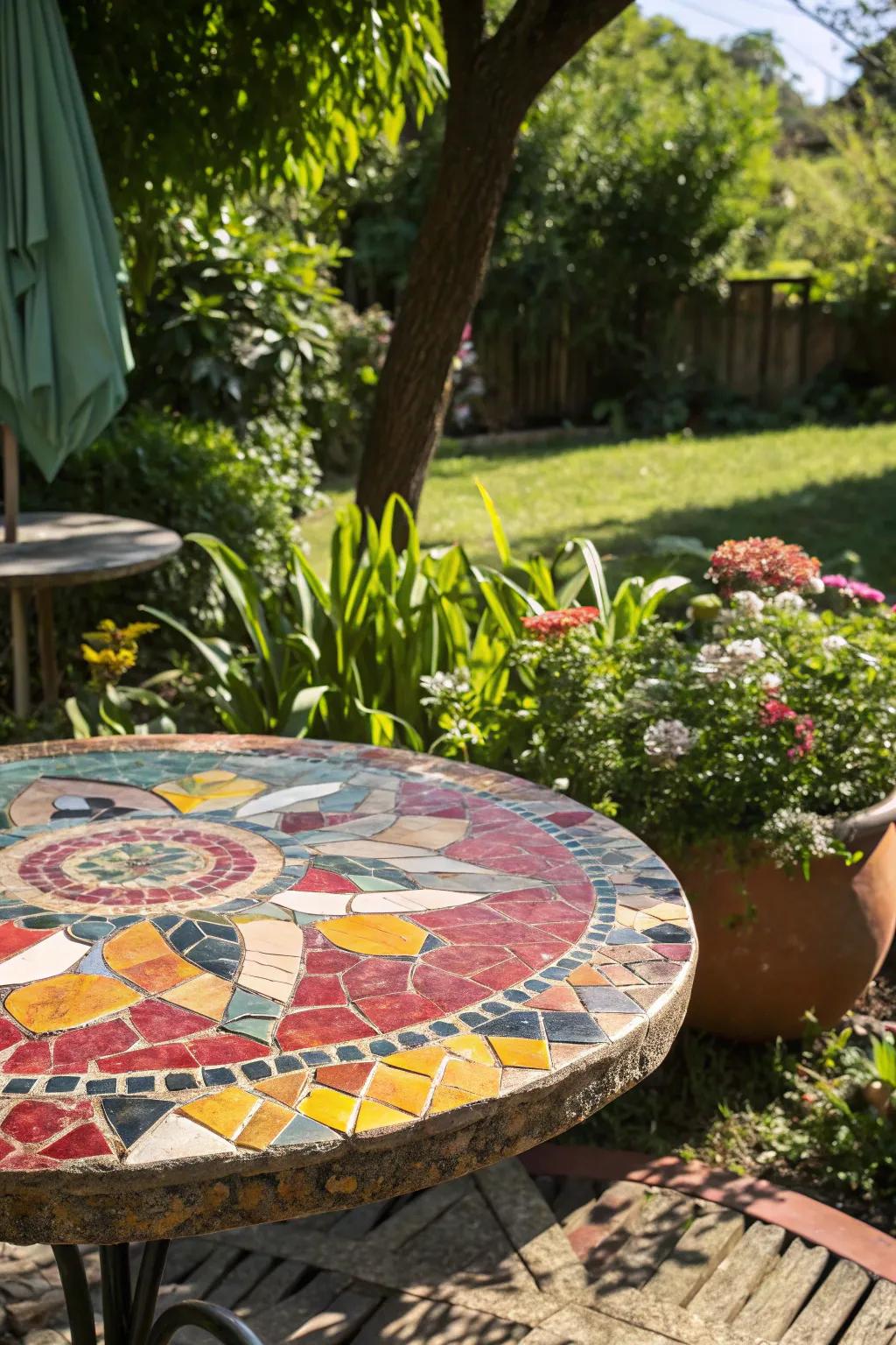 A mosaic table top brings vibrant colors and unique patterns to your outdoor setting.