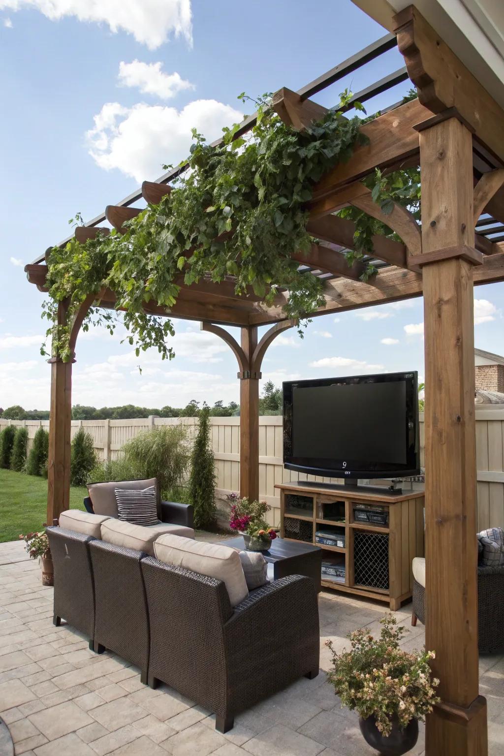 A roofed deck shields your outdoor TV setup from weather interruptions.
