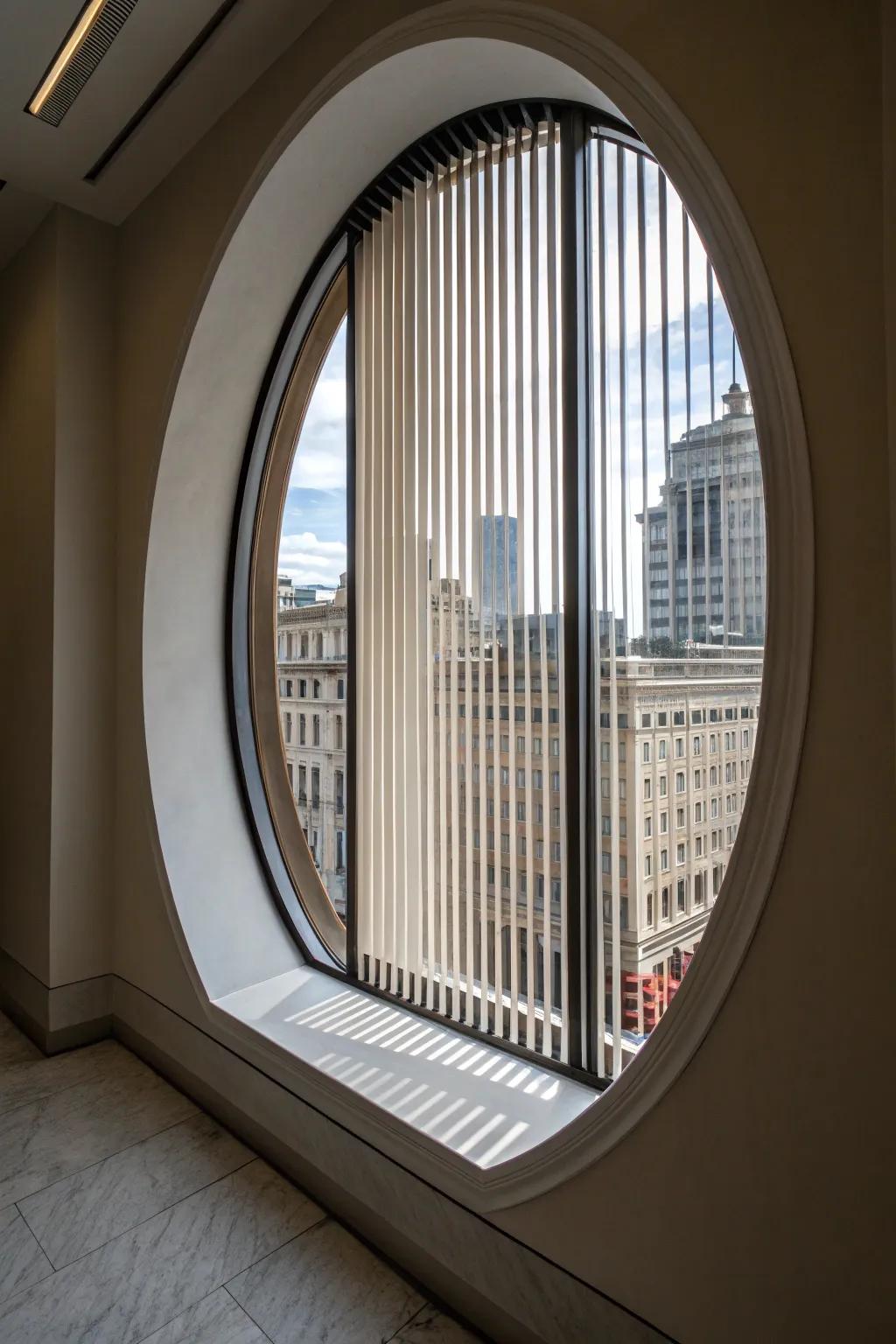 Upright blinds present an artistic variation for oval windows.