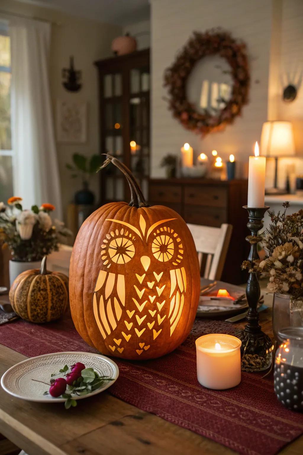 A Day of the Dead owl pumpkin adds cultural charm to your Halloween setup.