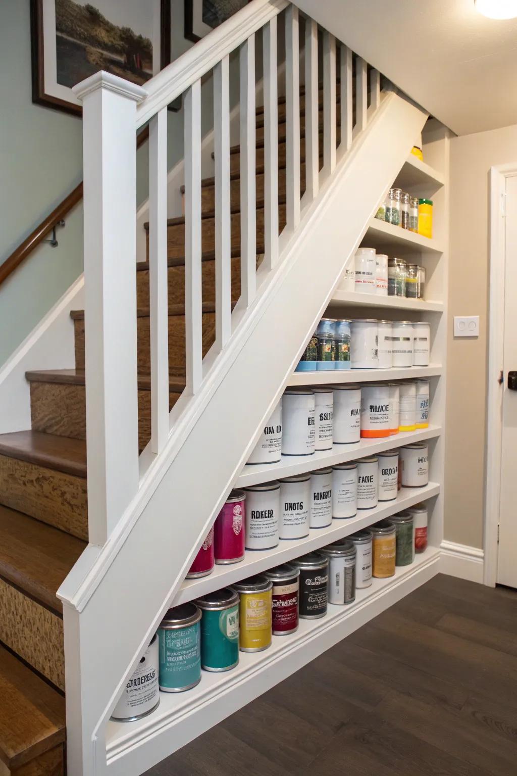 Shelving under the staircase offers an ingenious storage option for paint cans.