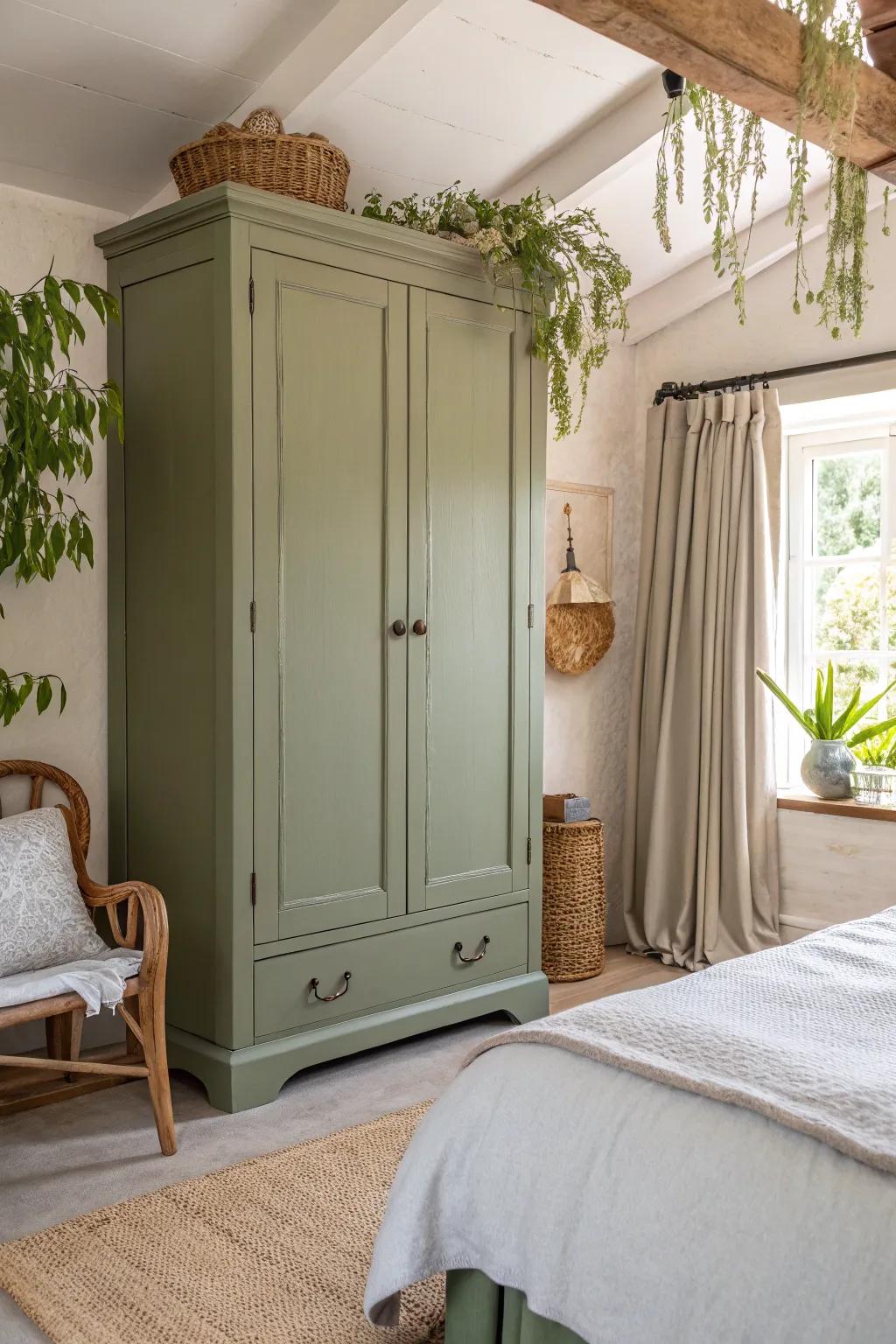A natural green armoire contributes a peaceful atmosphere to your setting.