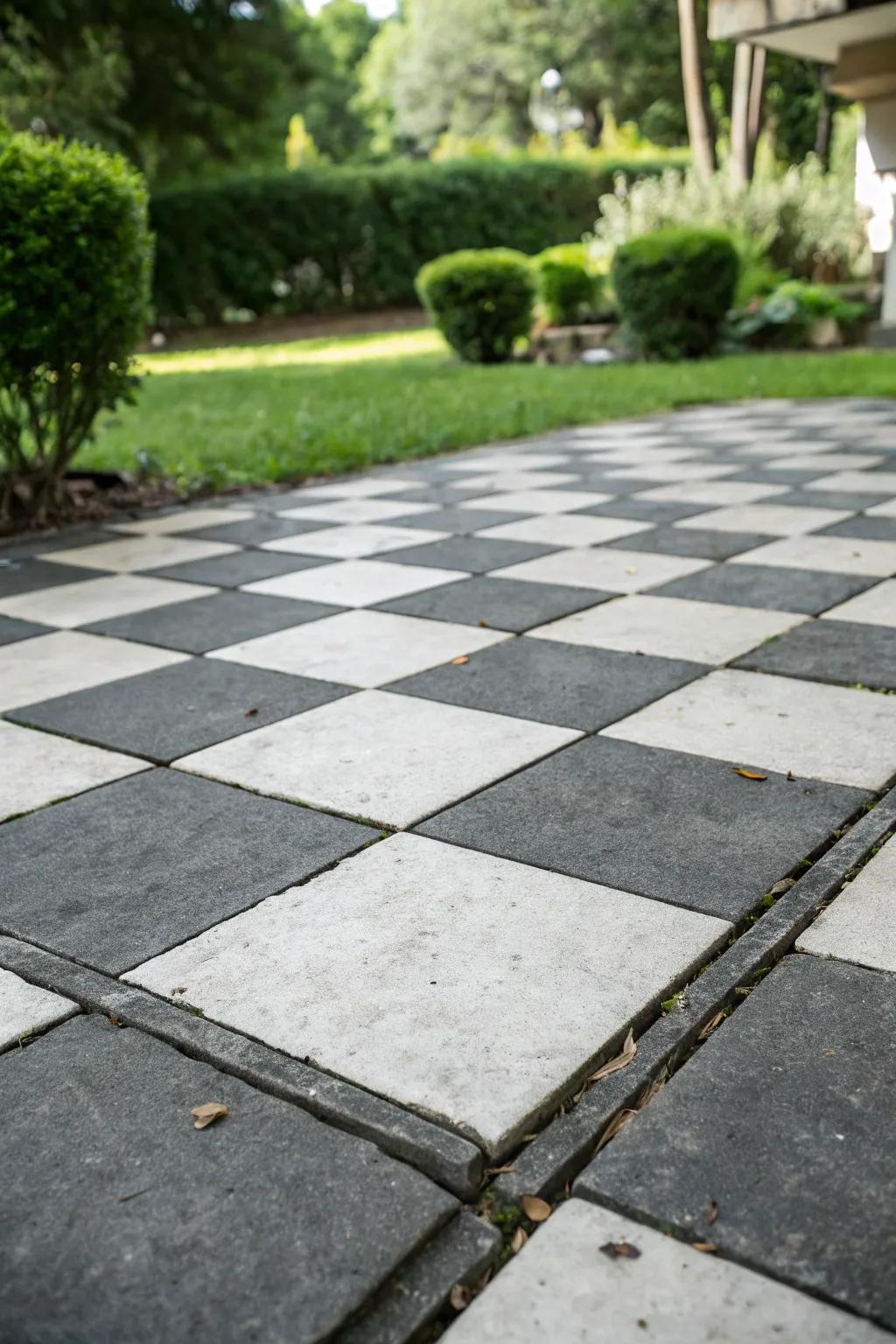 A timeless monochrome tile pattern patio layout.