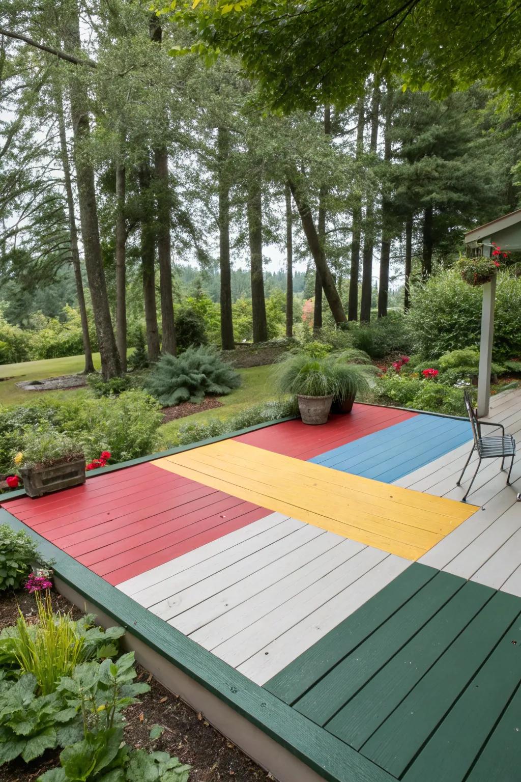 A deck featuring bold color blocks, creating a lively and dynamic outdoor area.