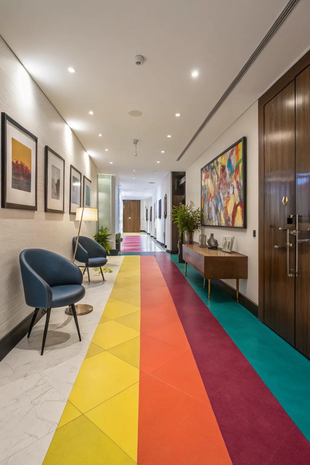 A hallway brought to life with color-blocked painted floors, demonstrating vibrant colors and modern decor.