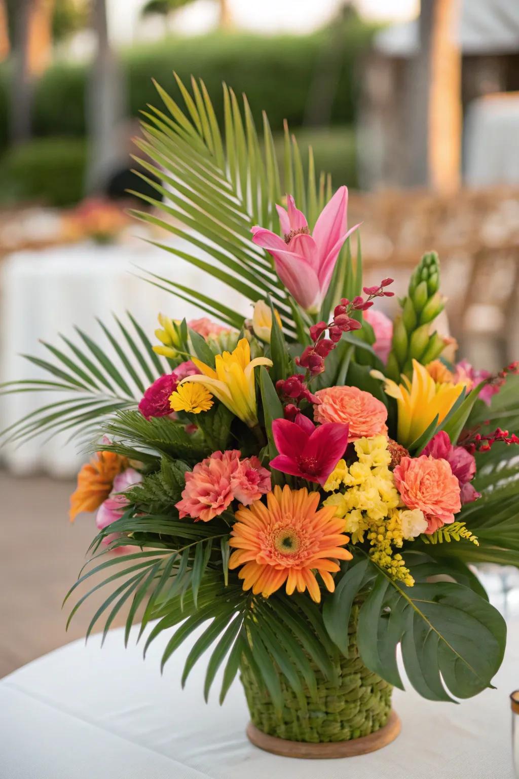 An energetic fusion of tropical blossoms and palm fronds.