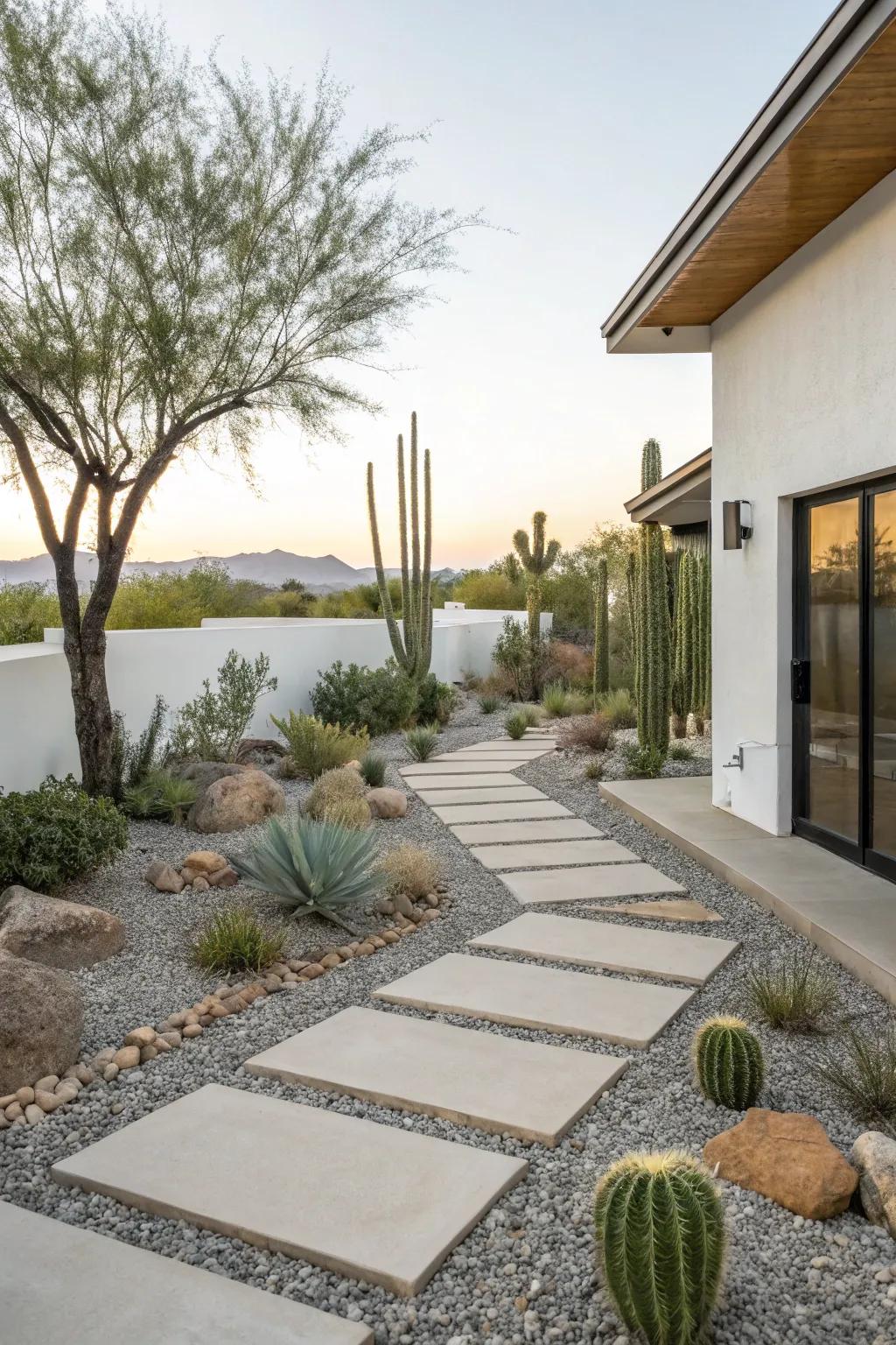 A gravel and stone layout delivers a streamlined and eco-friendly garden.