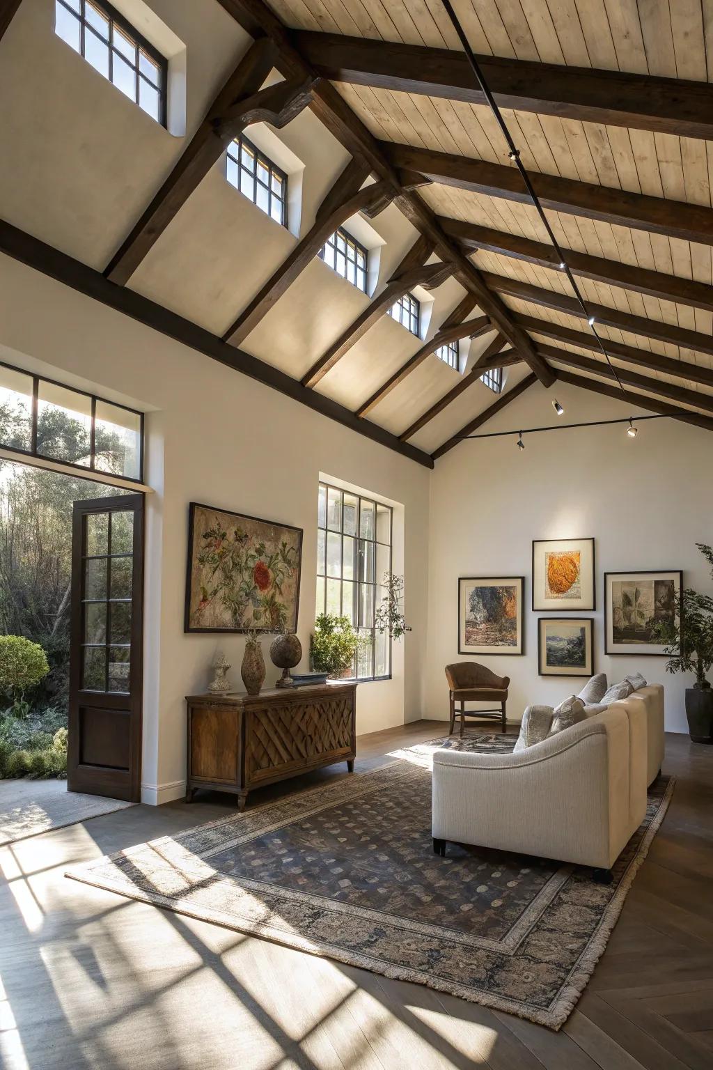 Beamed ceilings add depth and texture.