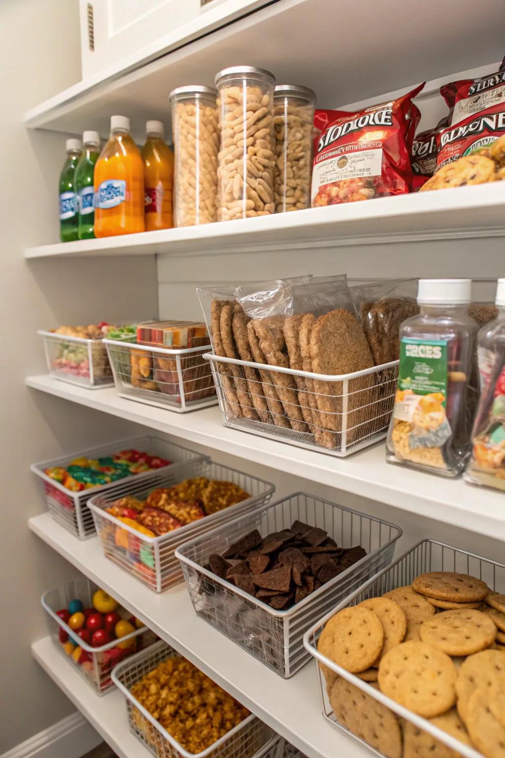 Staggered shelving improves visibility and accessibility to your treasured snacks.